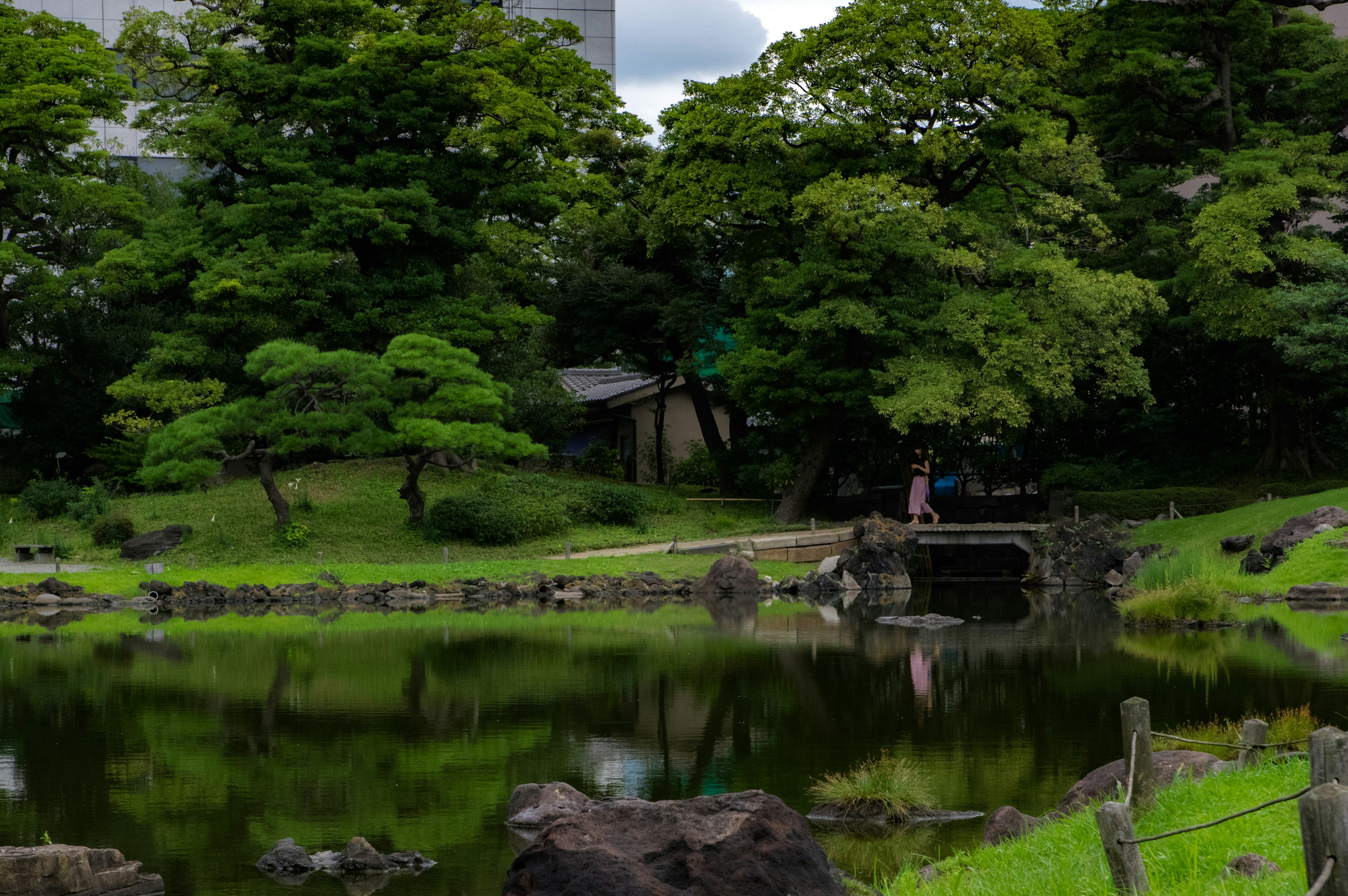 Üppige Parklandschaft mit Bäumen, die sich im Wasser spiegeln, und einer kleinen Brücke