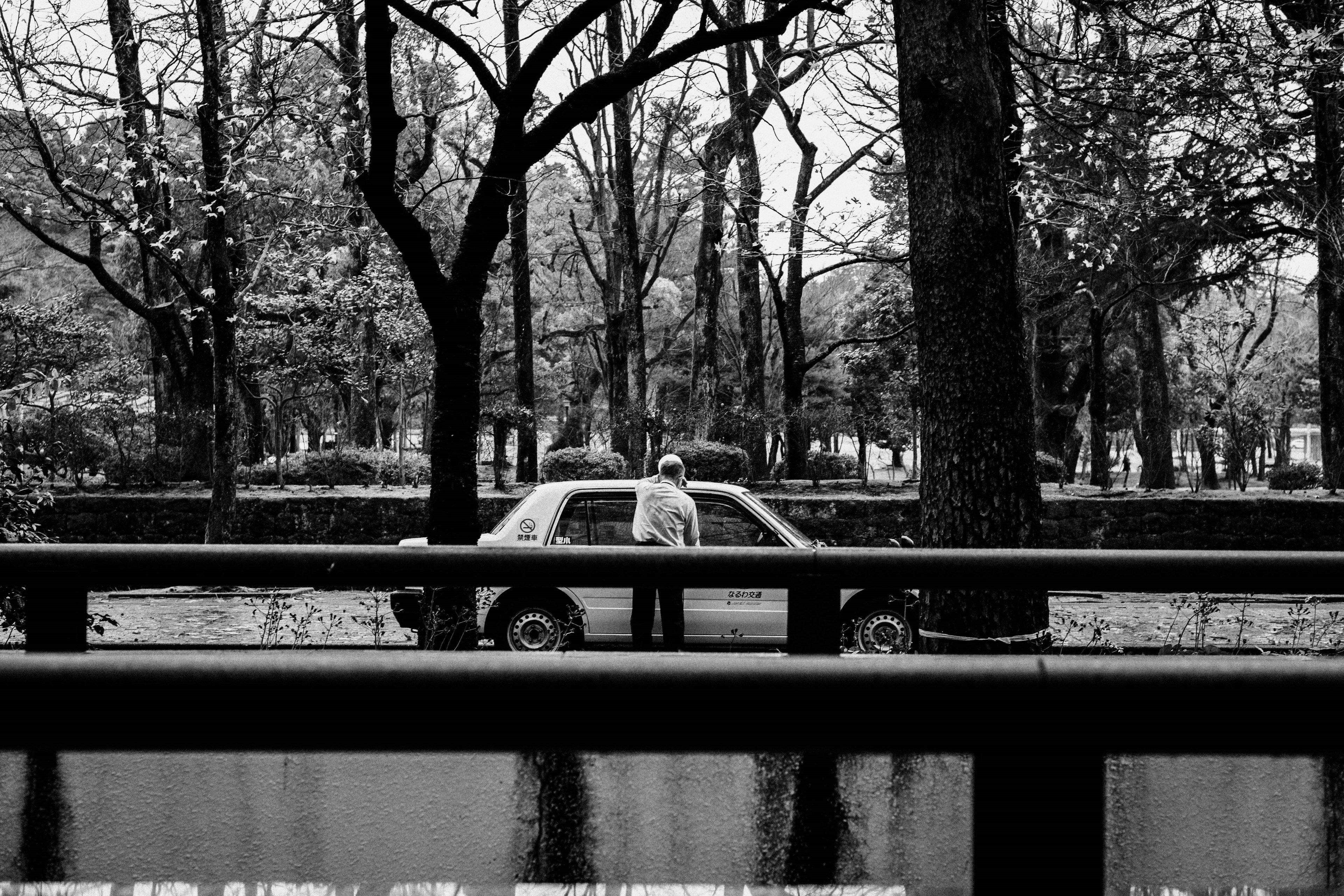 ชายคนหนึ่ง Leaning against a car ในสวนสีดำและขาวที่มีต้นไม้