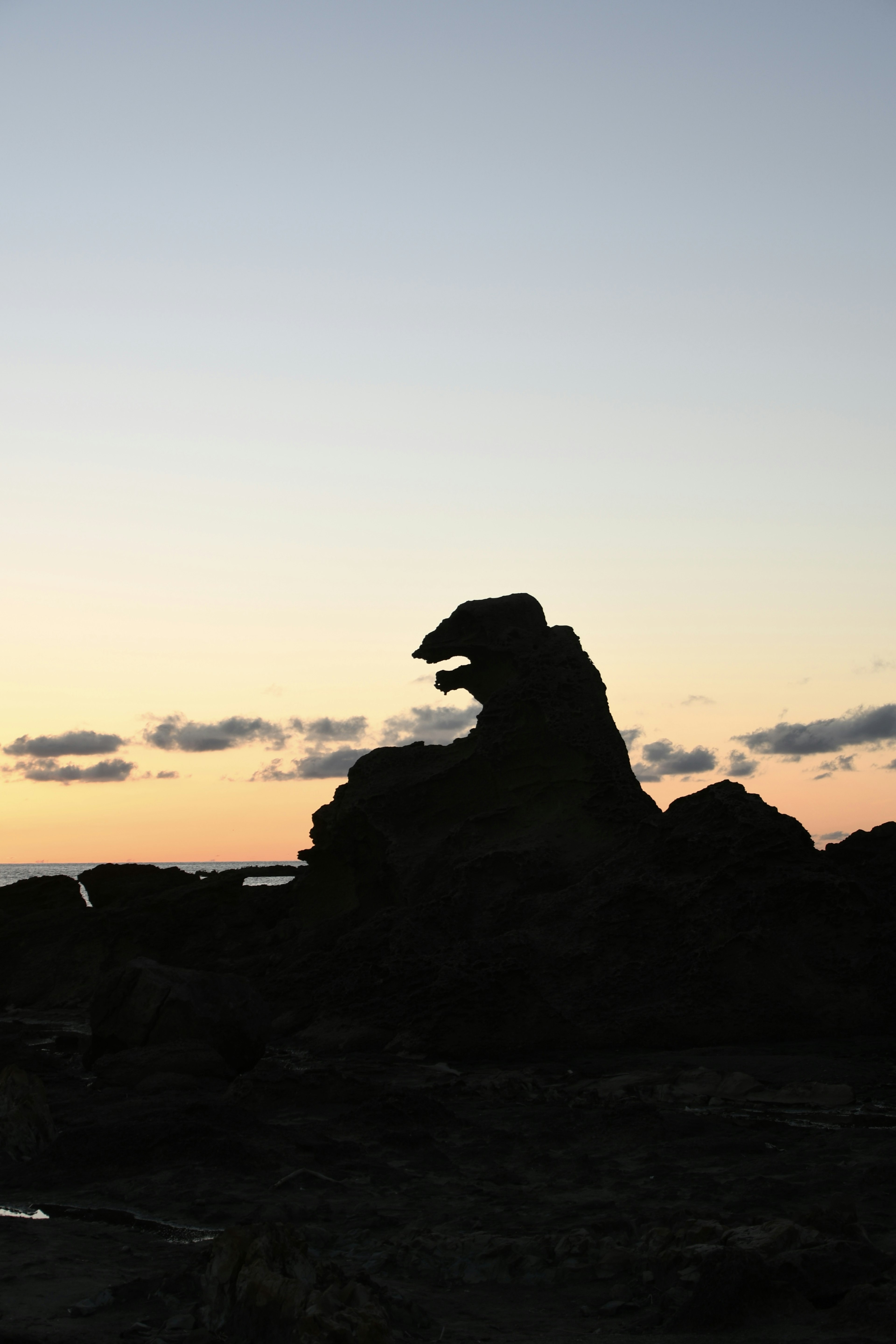 Silhouette di una formazione rocciosa che somiglia a un animale contro un cielo al tramonto