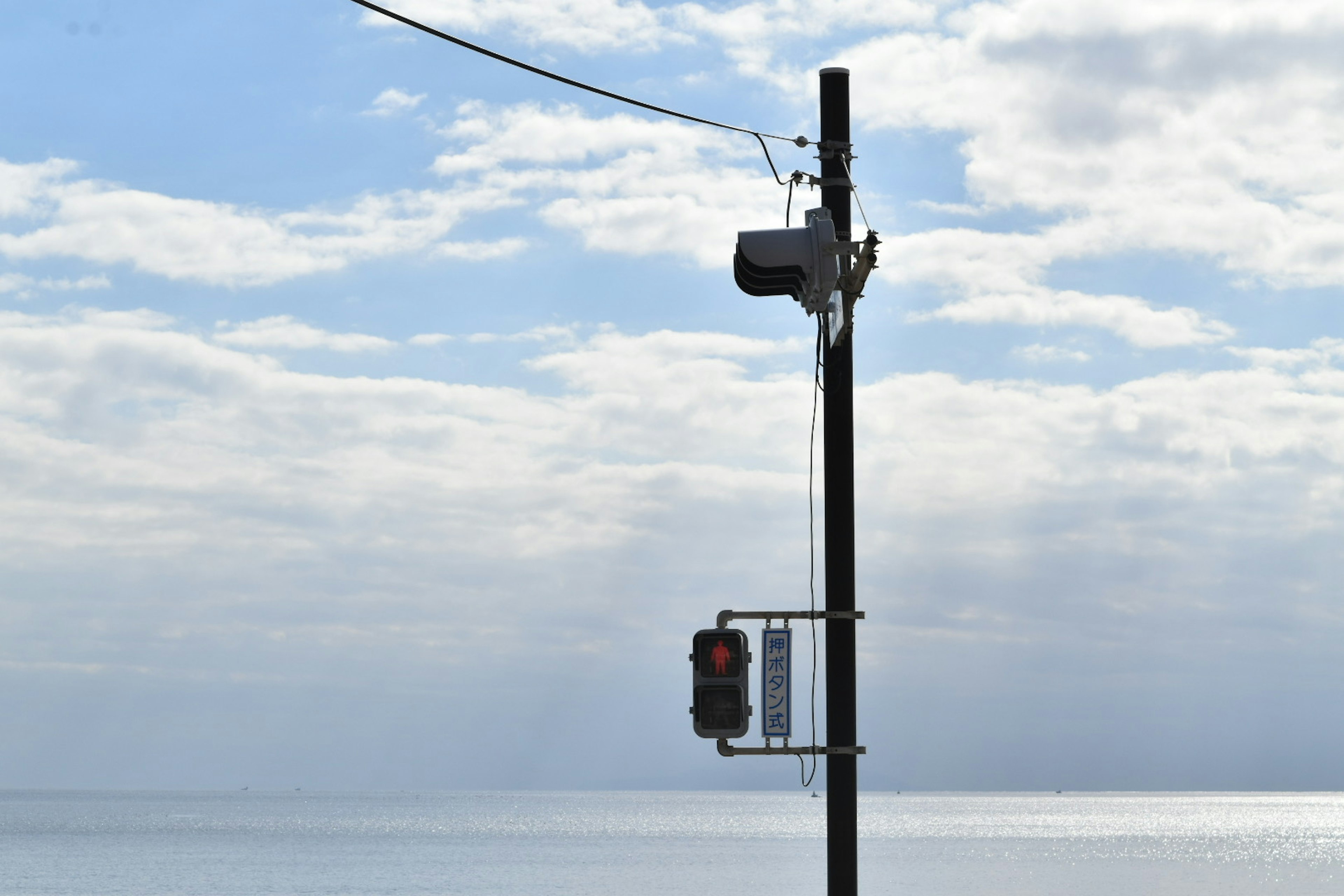 海の近くに立つ信号機とカメラのあるポール