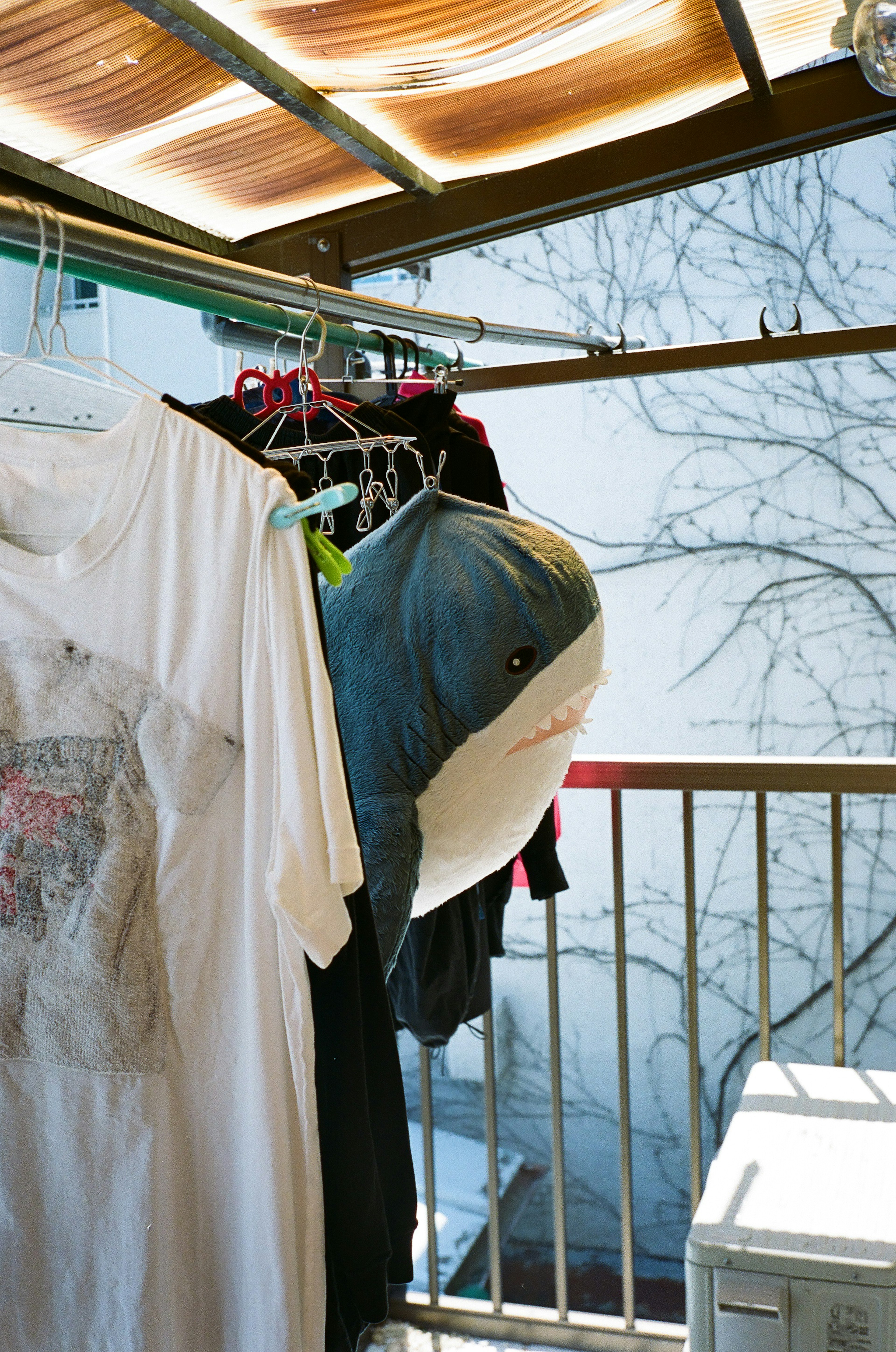 Whale plush toy hanging among clothes on a balcony