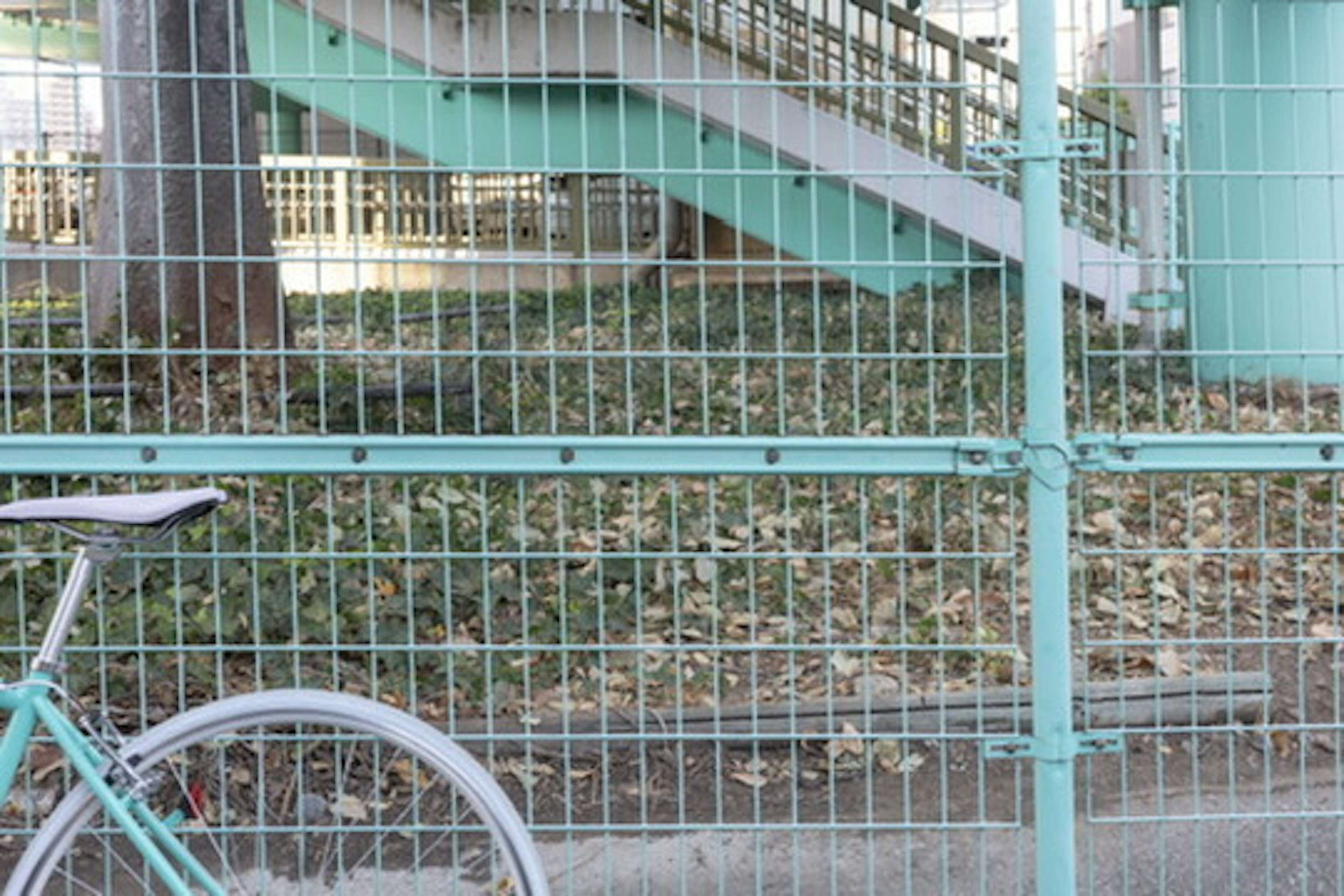 Una bicicleta apoyada en una cerca verde con escaleras de fondo