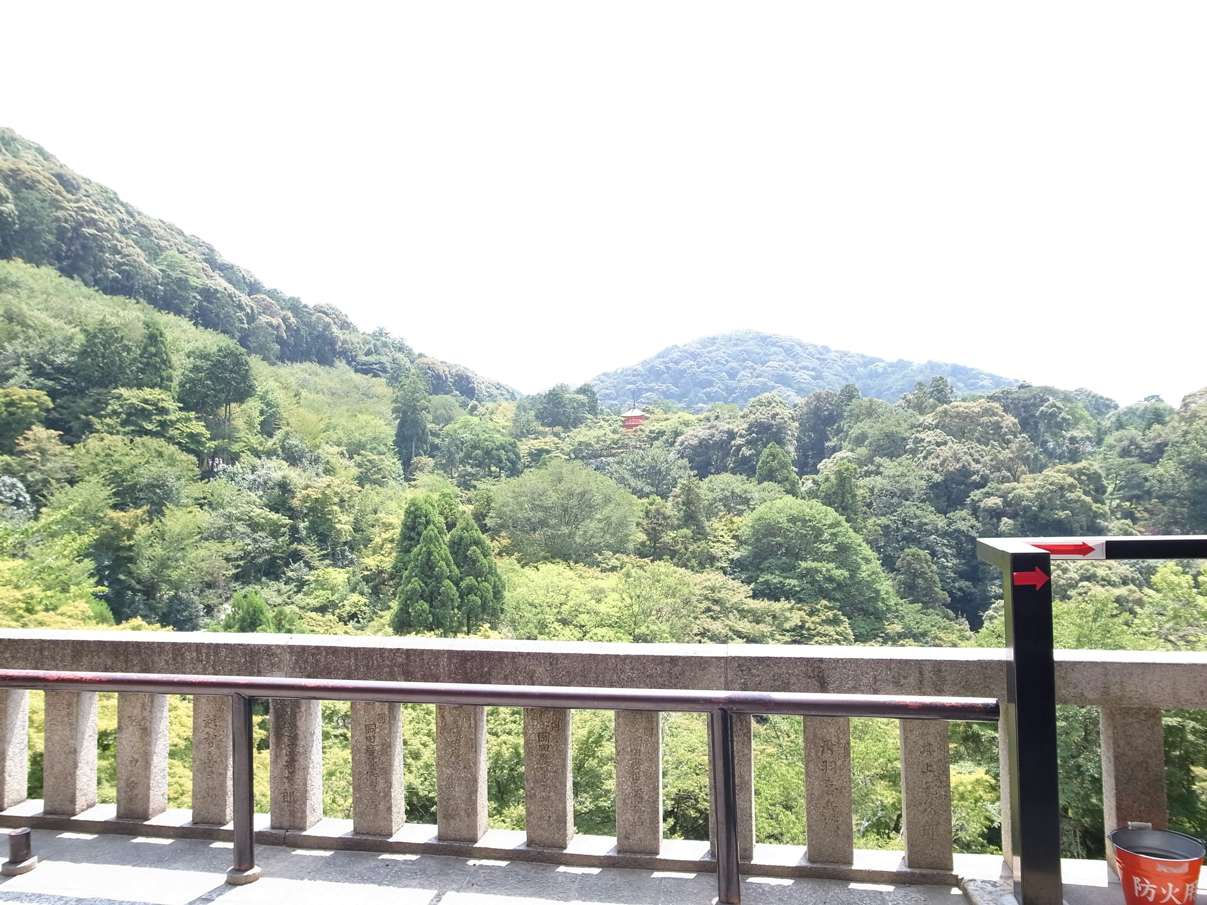 緑豊かな山々と晴れた空の景色を背景にしたバルコニー