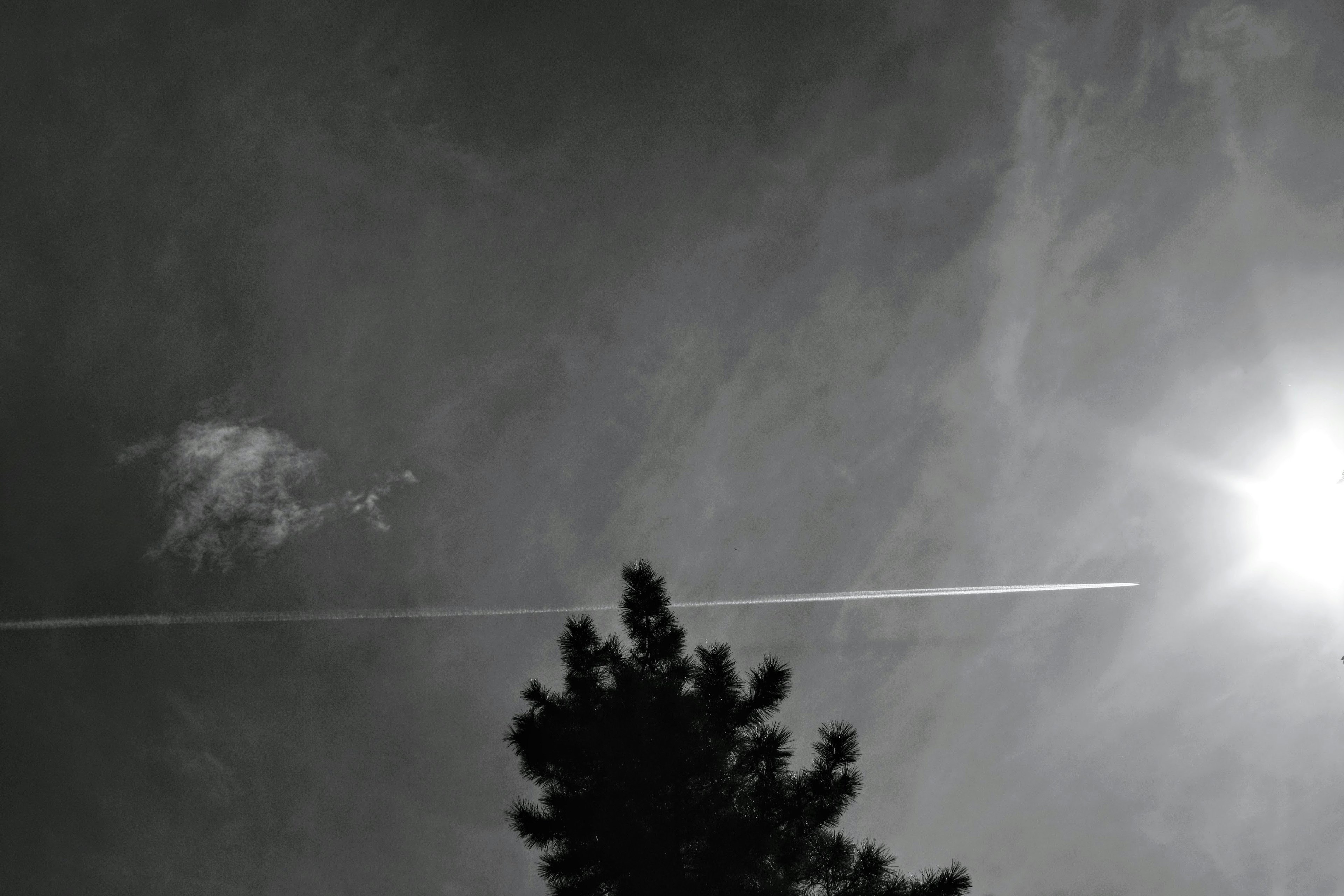 Paisaje en blanco y negro con estela de avión y sol en el cielo