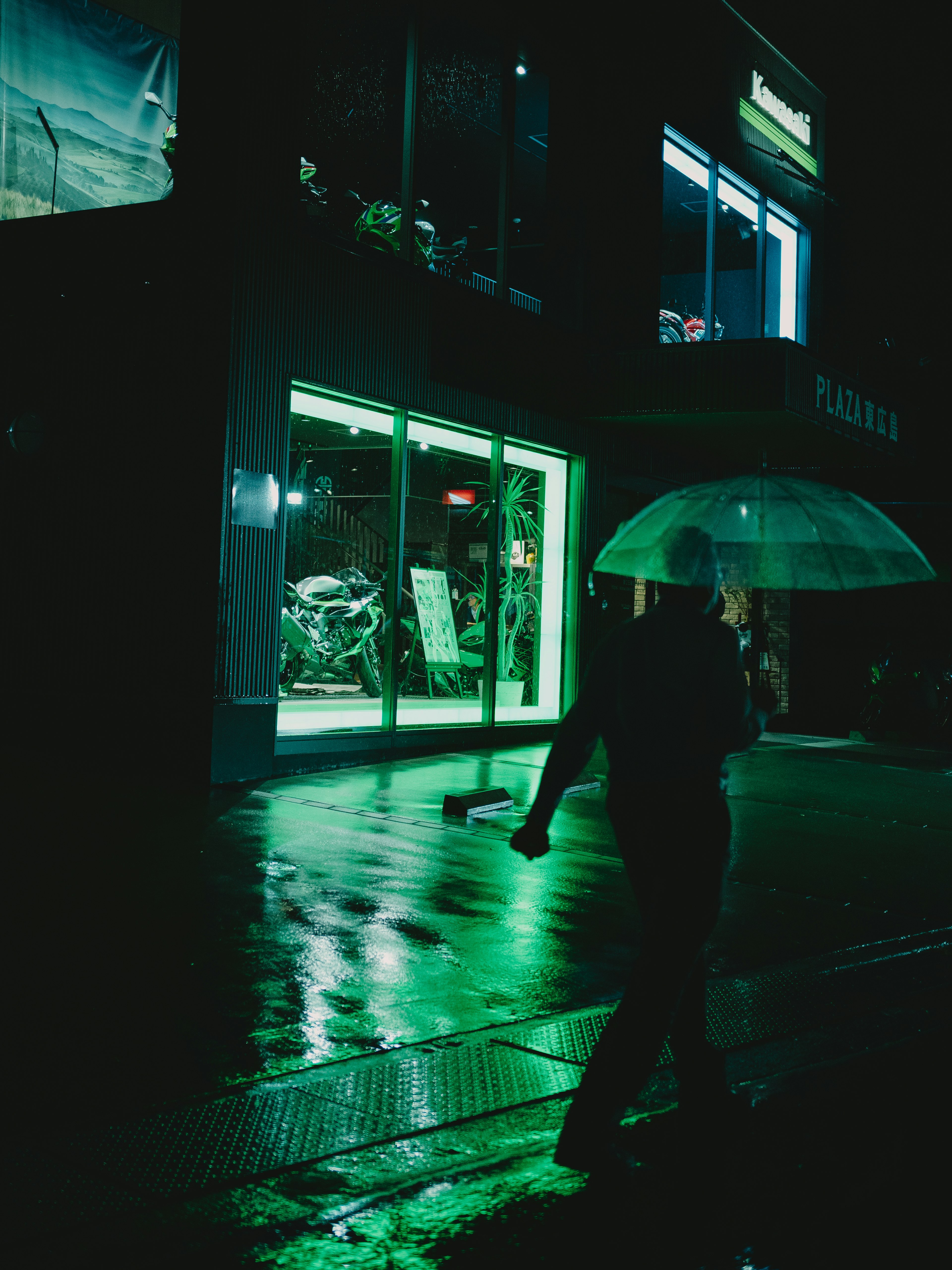 緑の傘を持った人物が濡れた道を歩いている街の夜景