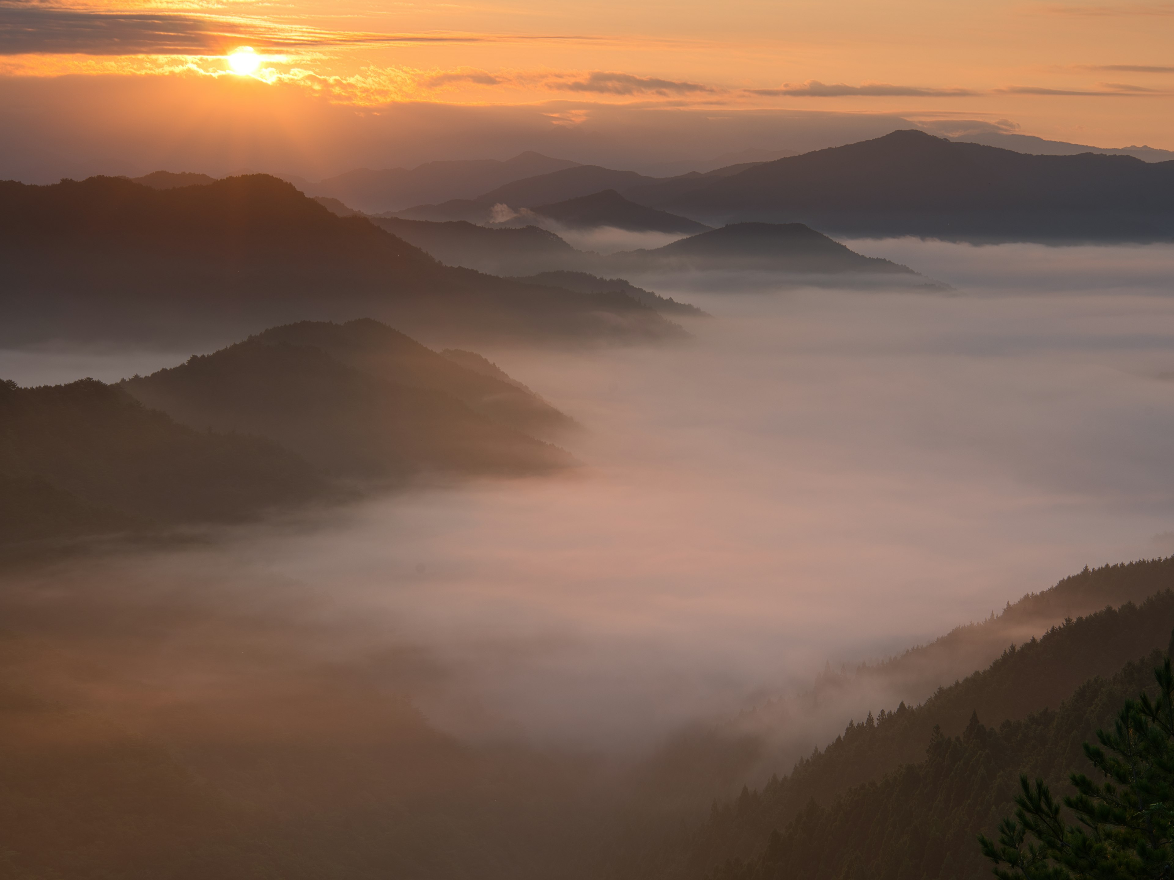 Nebelverhangene Berge mit einem aufgehenden Sonnen im Hintergrund