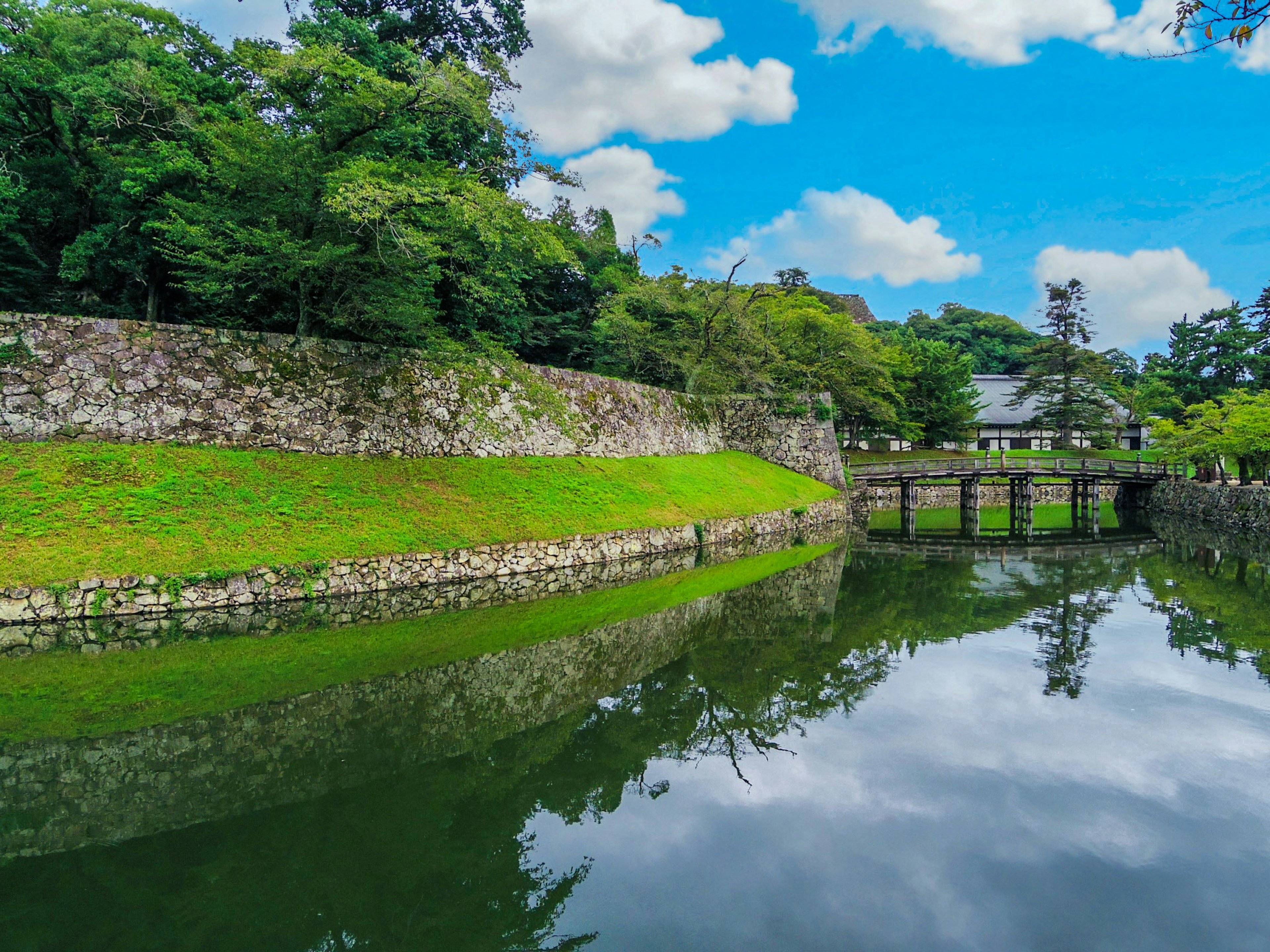 Parque verde con estanque y reflejos de muro de piedra cielo azul y nubes