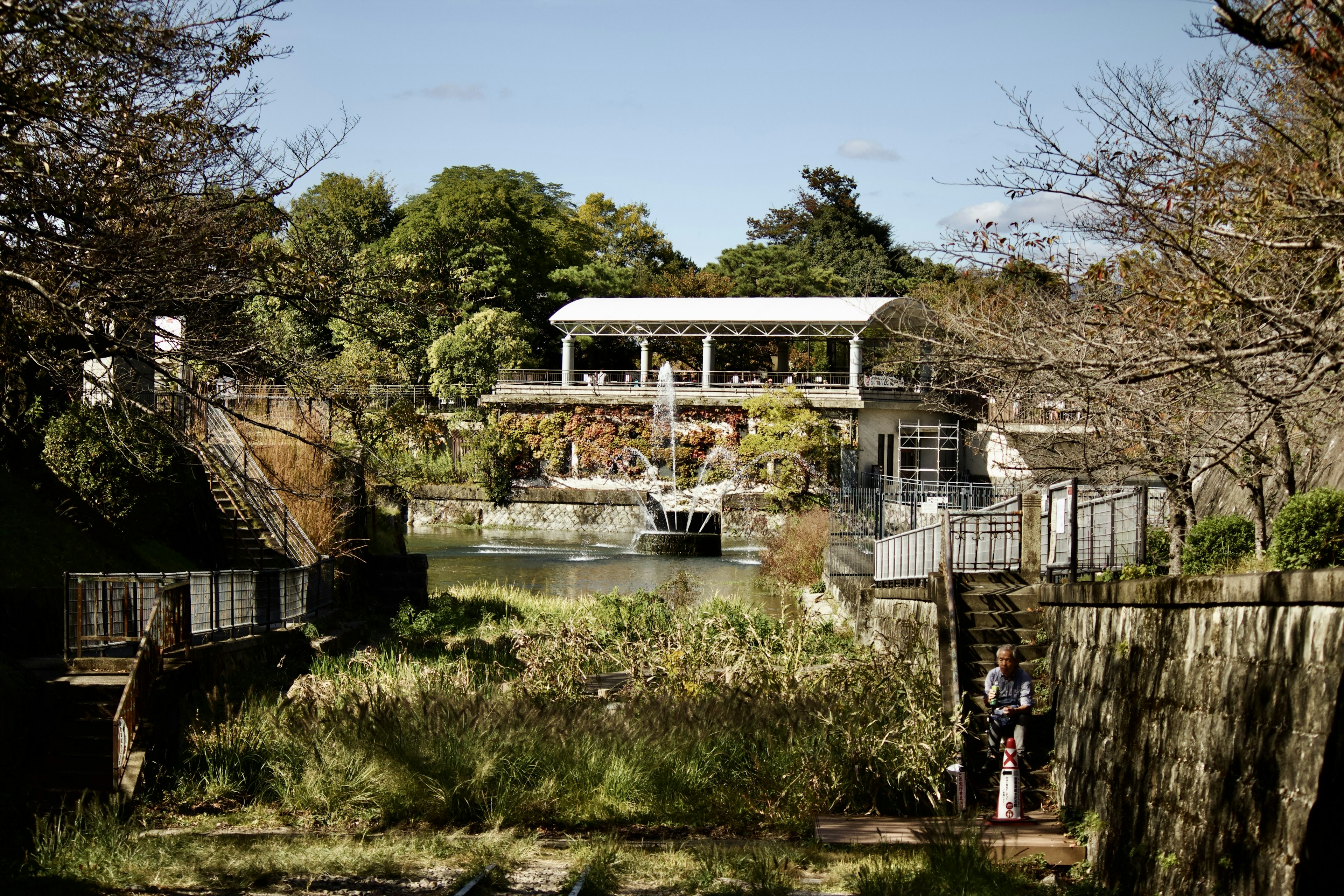 Modern building near a tranquil pond surrounded by nature