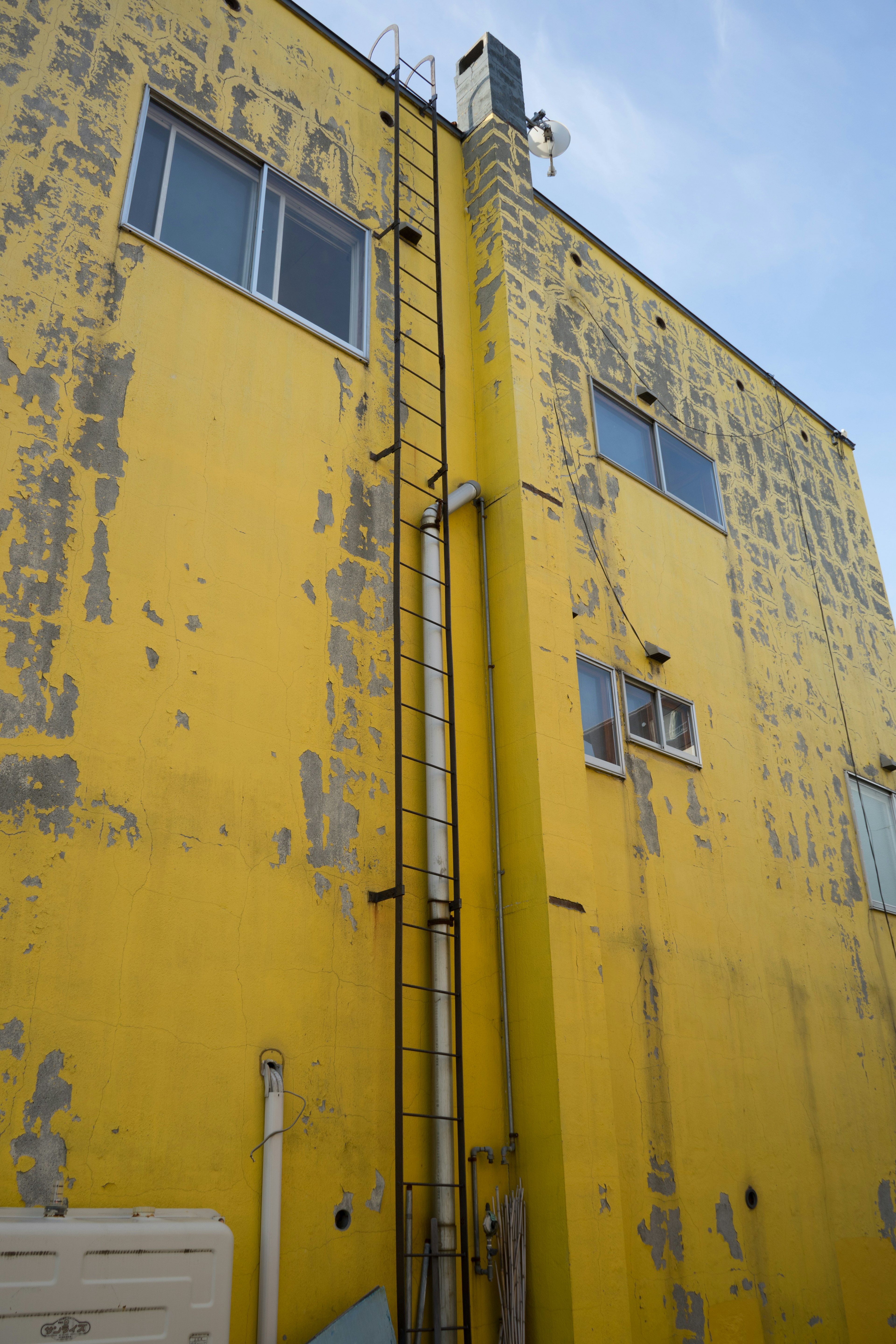 Vista laterale di un vecchio edificio giallo con una scala e finestre