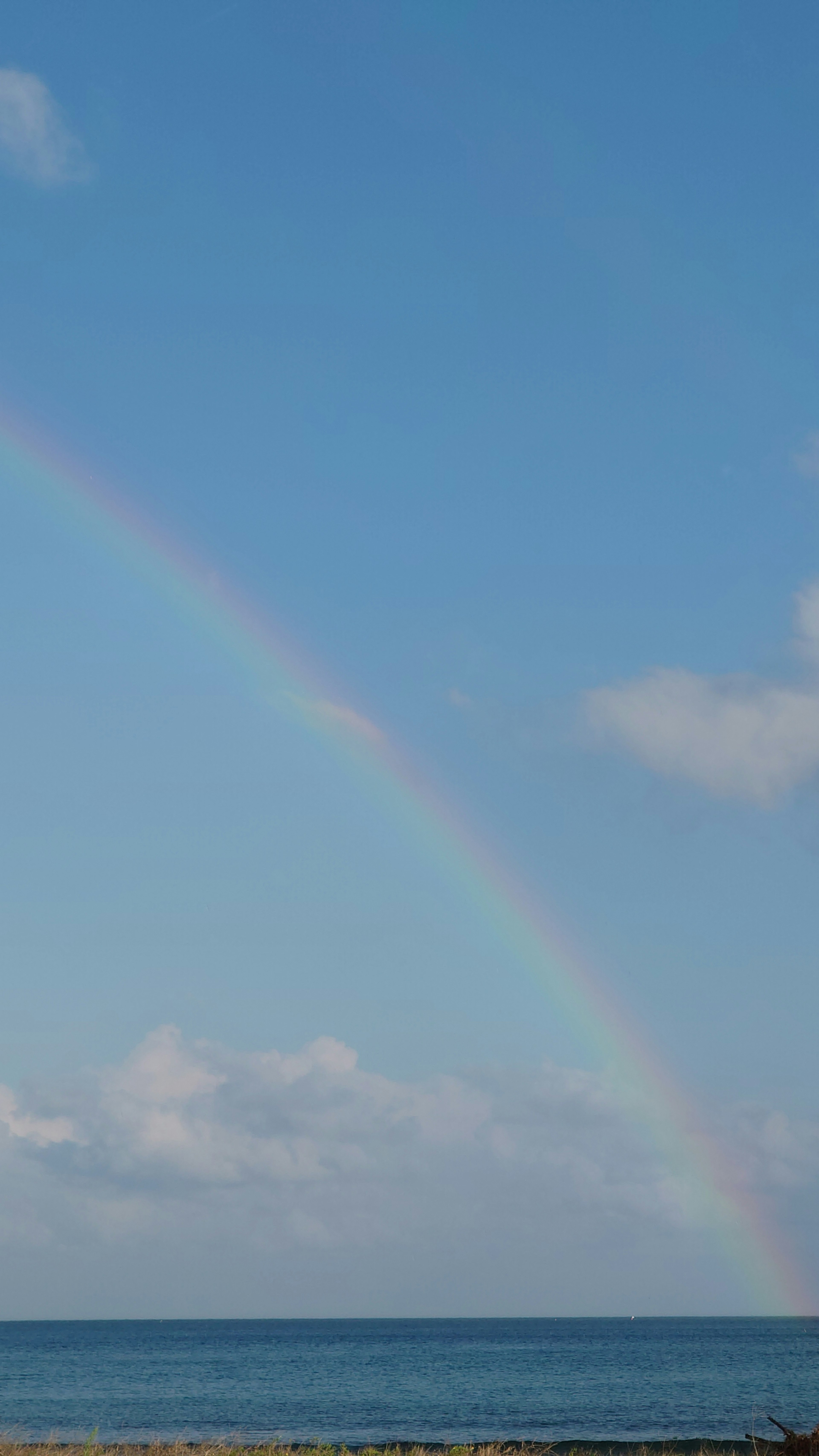 Rainbow arching over the ocean under a blue sky