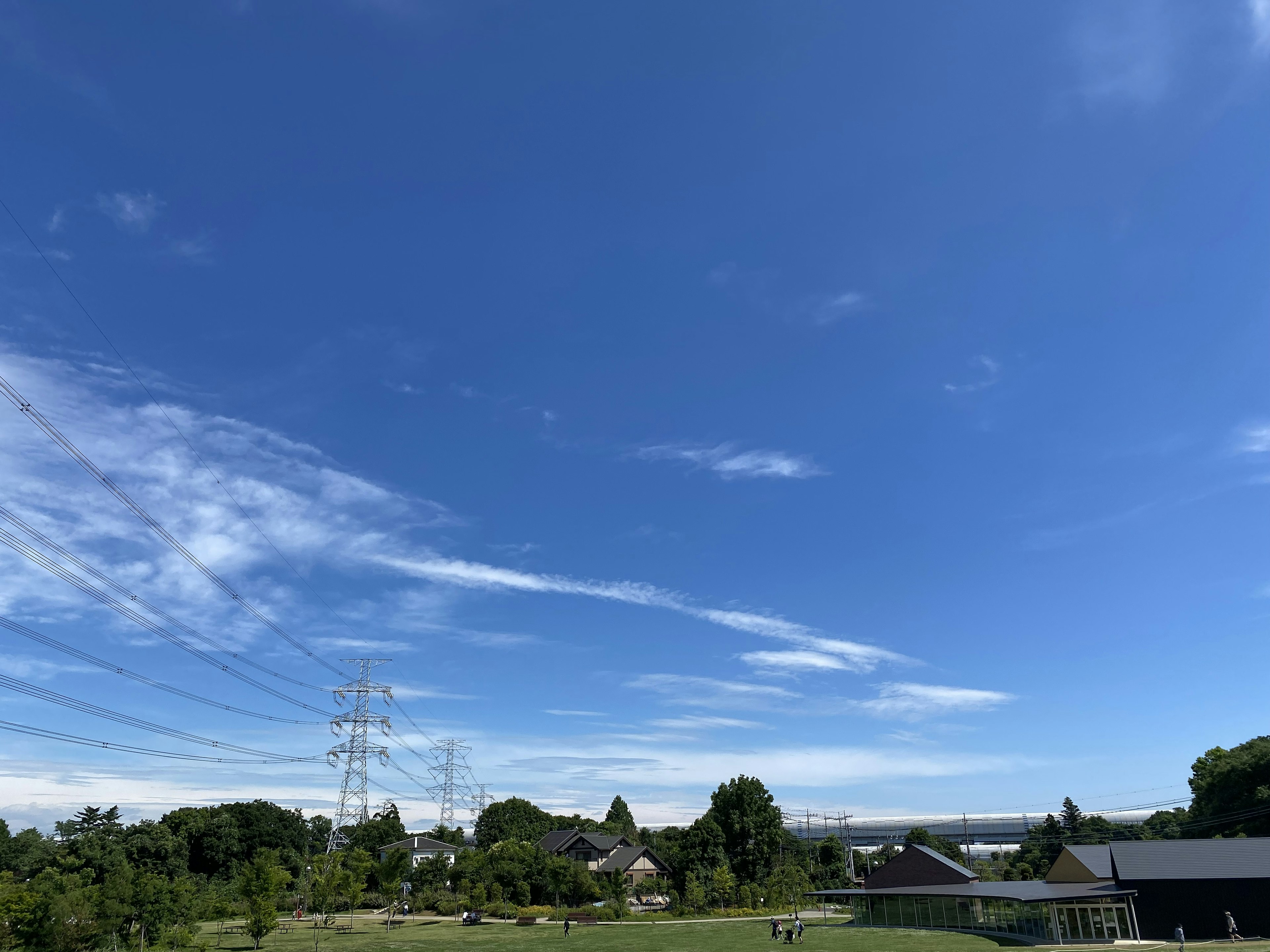 A clear blue sky with scattered clouds above green trees and houses