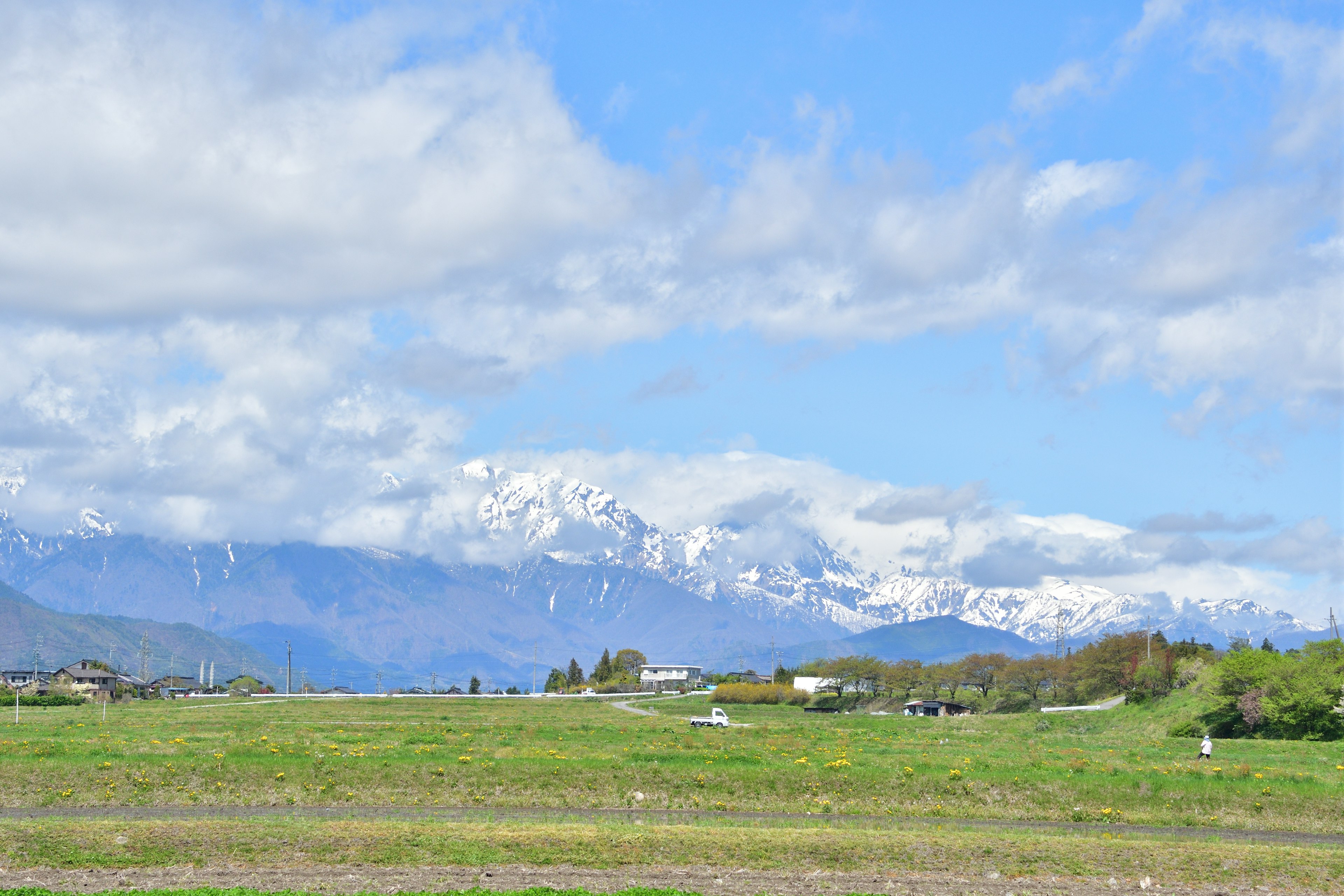 Scenic view of snow-capped mountains under a blue sky with green grassland