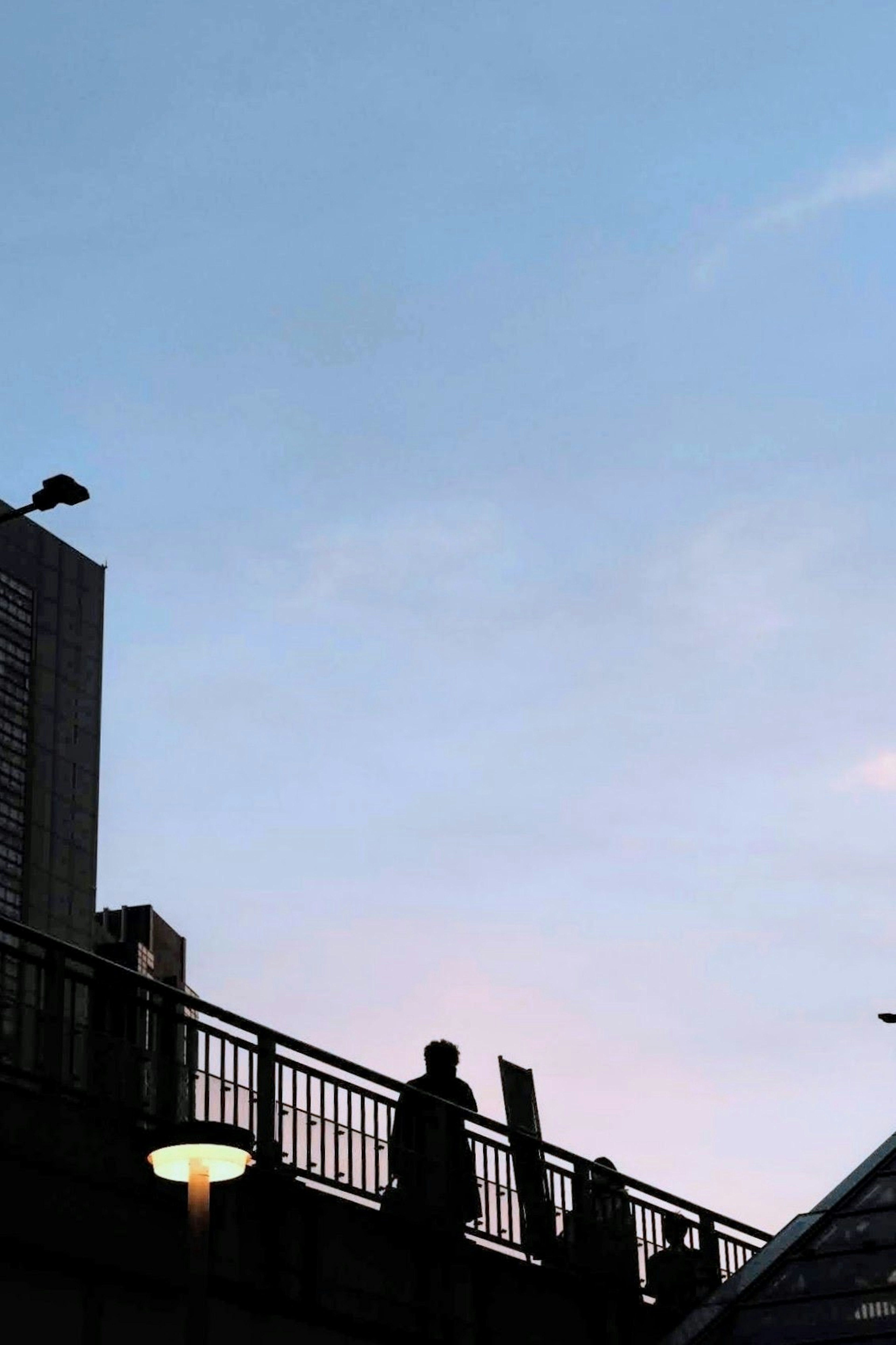 Silhouettes of people against a sunset sky and the outline of buildings