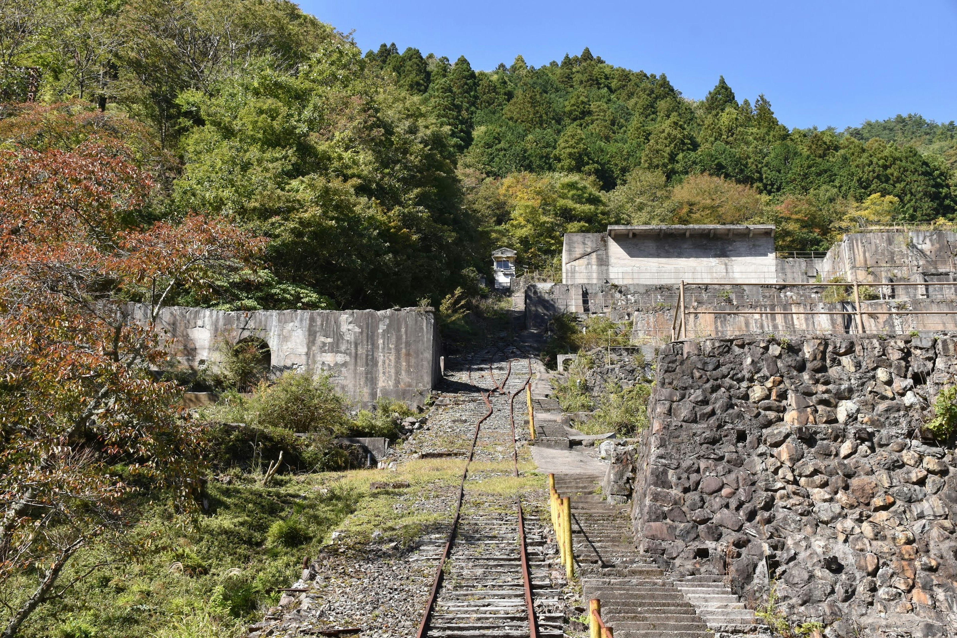 Binario ferroviario abbandonato circondato da vegetazione e vecchie strutture in cemento