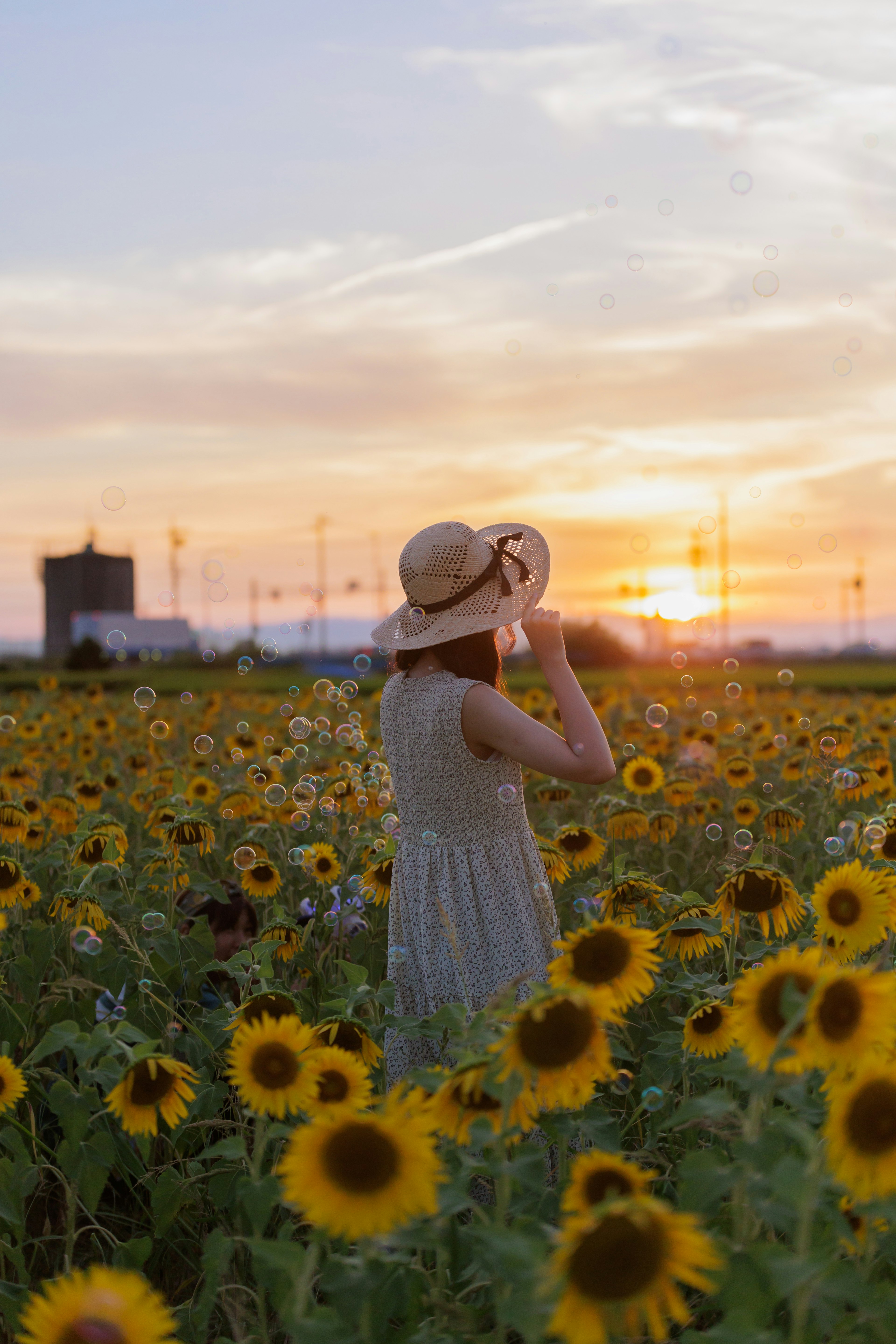 Una donna in abito bianco e cappello di paglia si trova in un campo di girasoli al tramonto