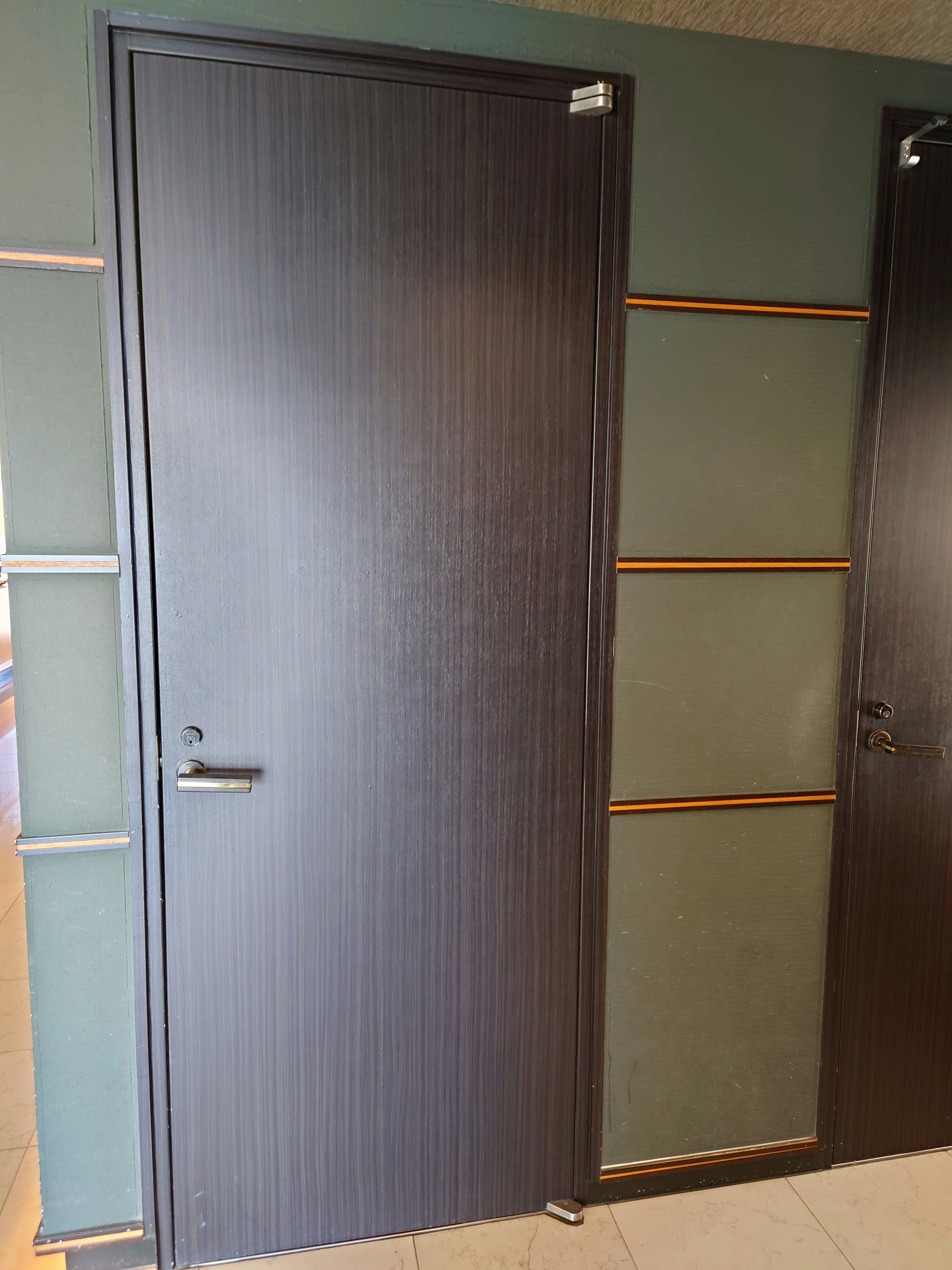 Pintu abu-abu modern di depan dinding hijau dengan garis horizontal