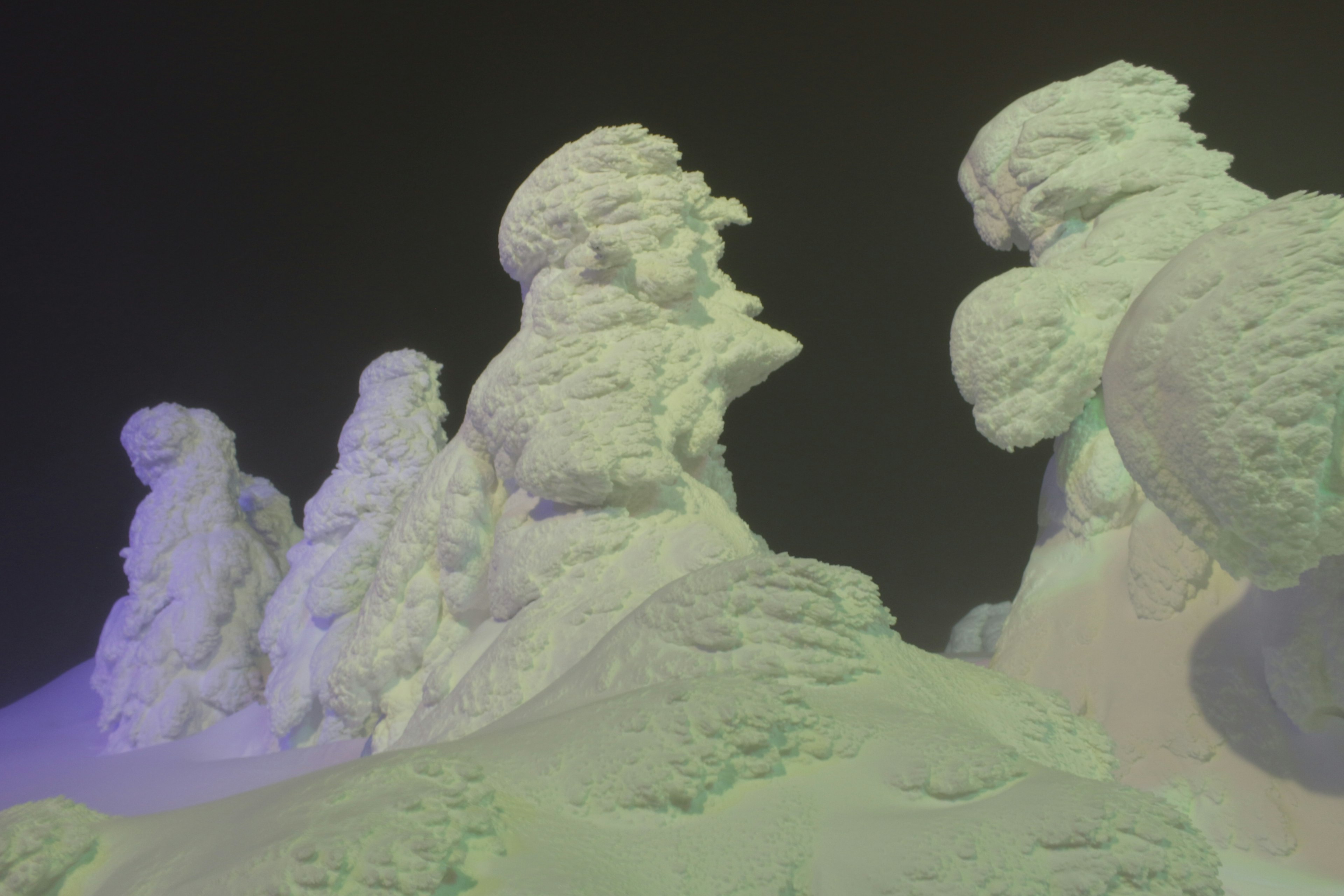 Unique snow-covered ice formations in a dark landscape