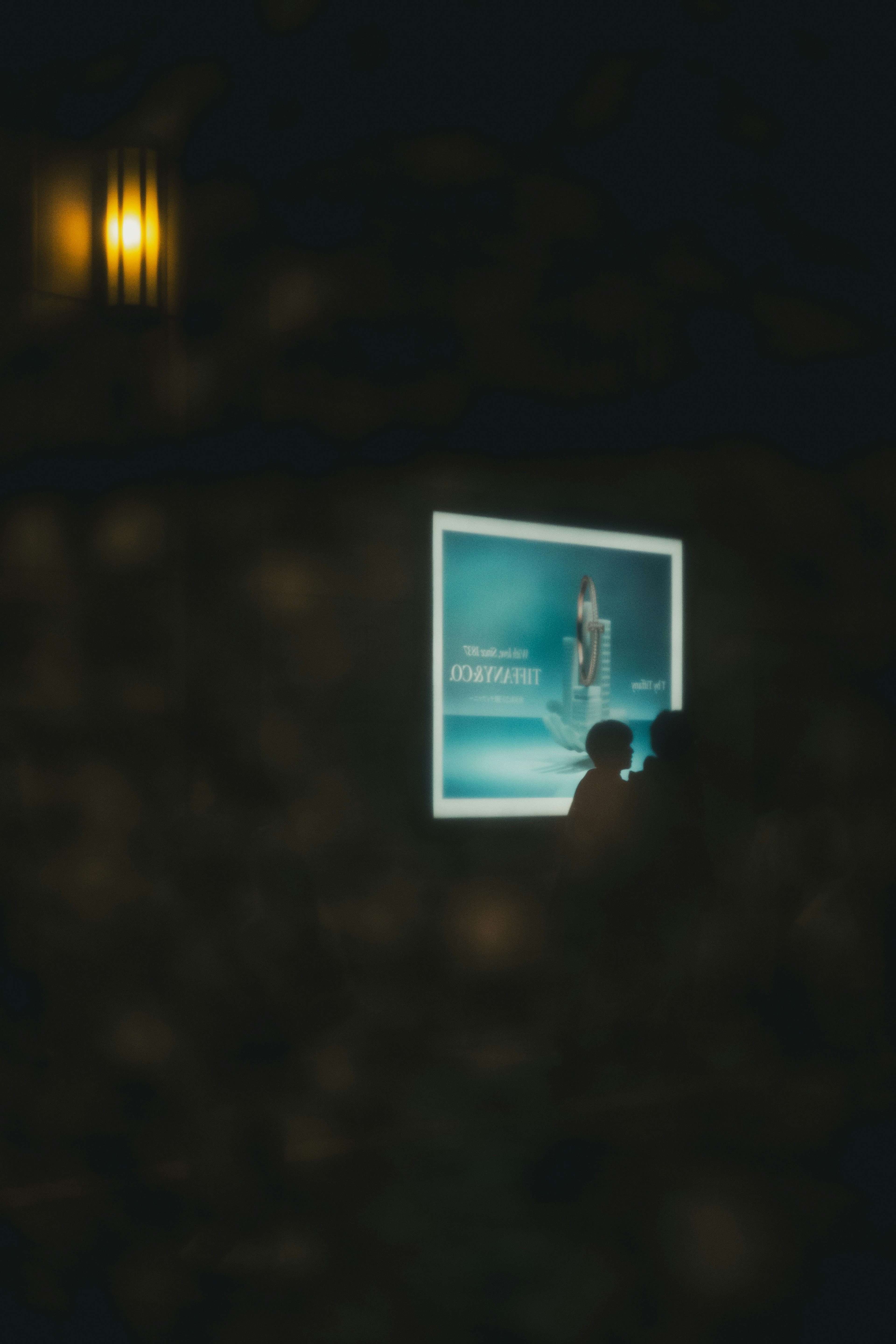 Silhouette of a person next to a blue poster in a dark setting