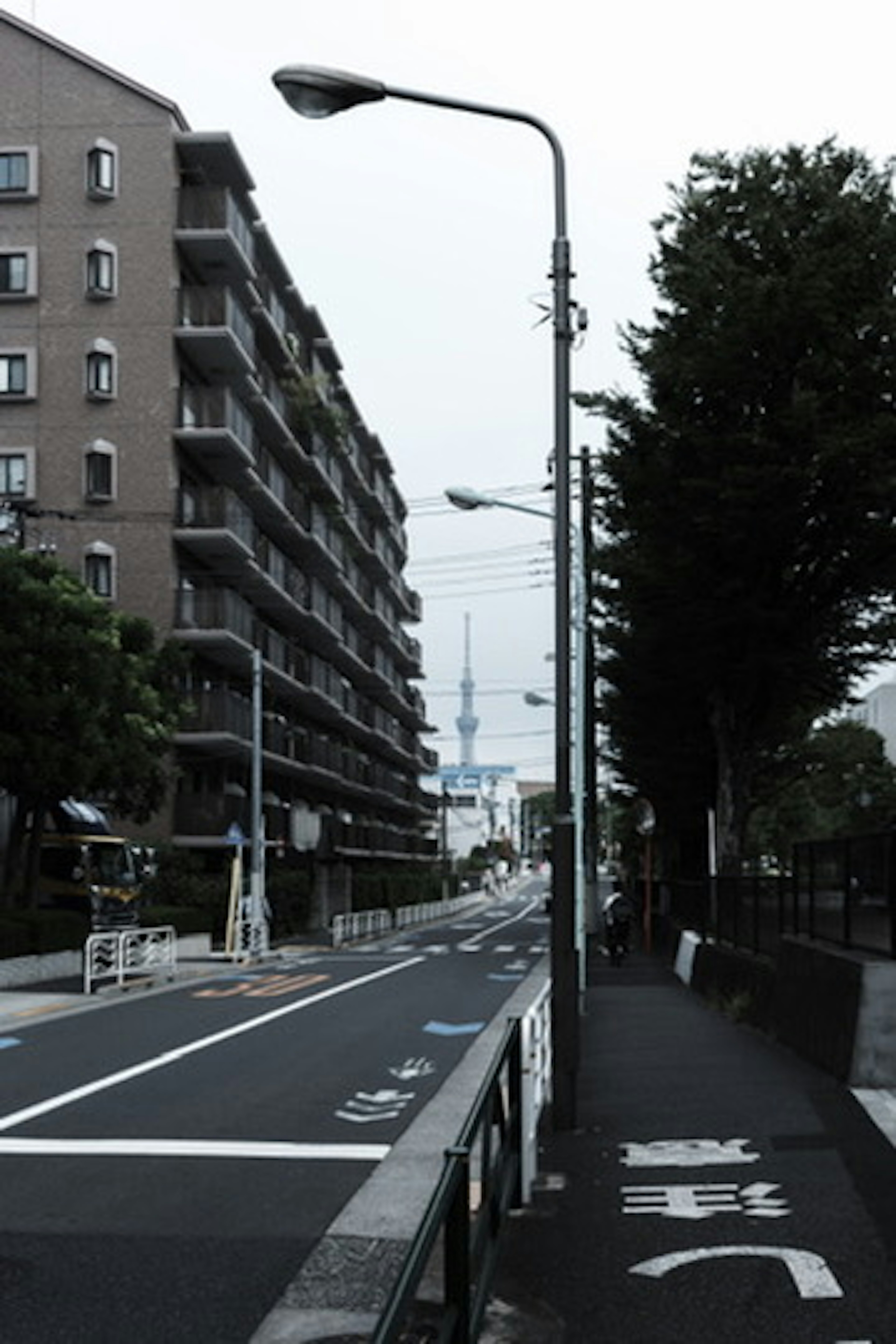 Vista de una calle tranquila con la Tokyo Skytree a lo lejos