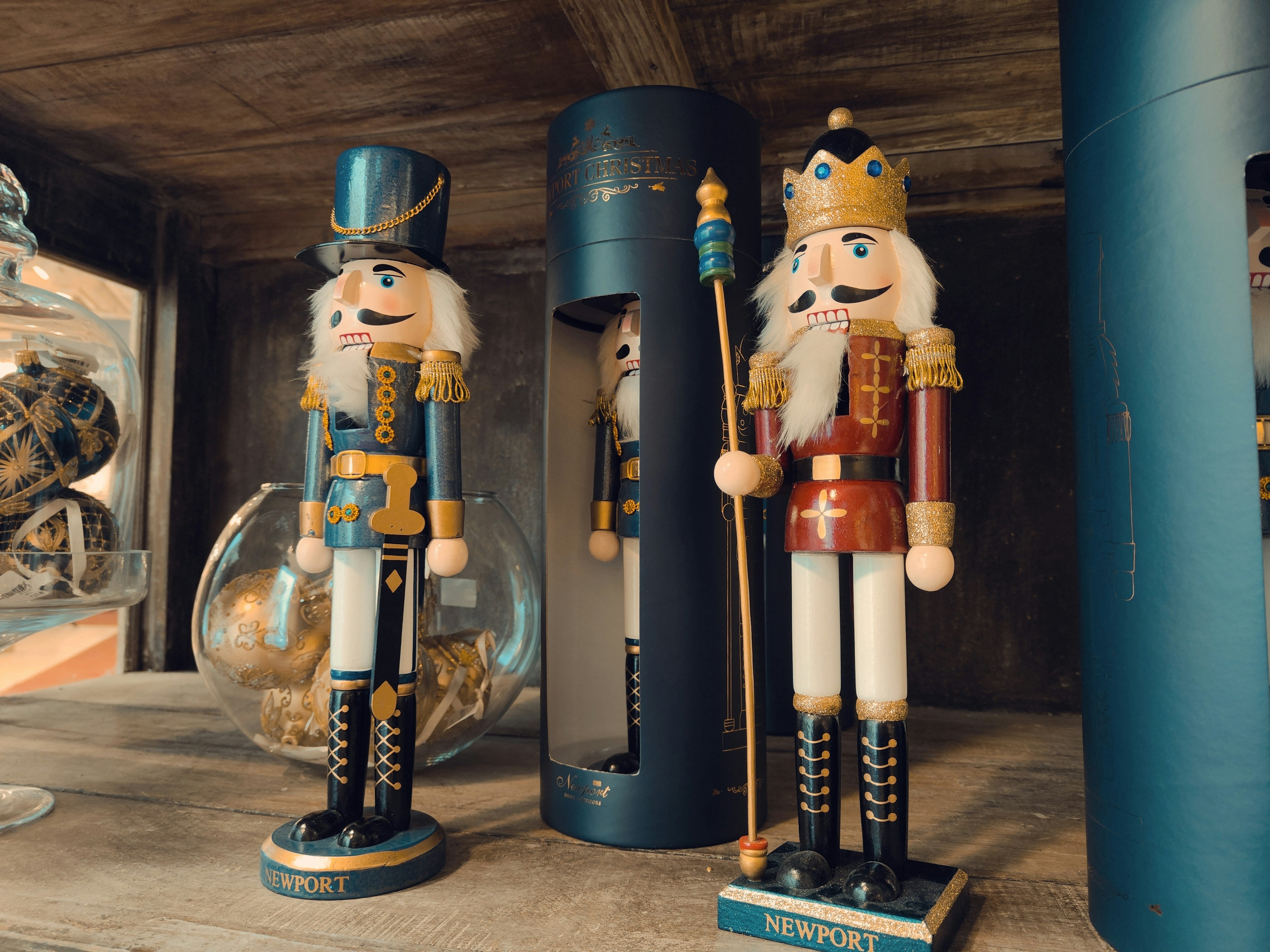 Wooden nutcrackers displayed on a shelf