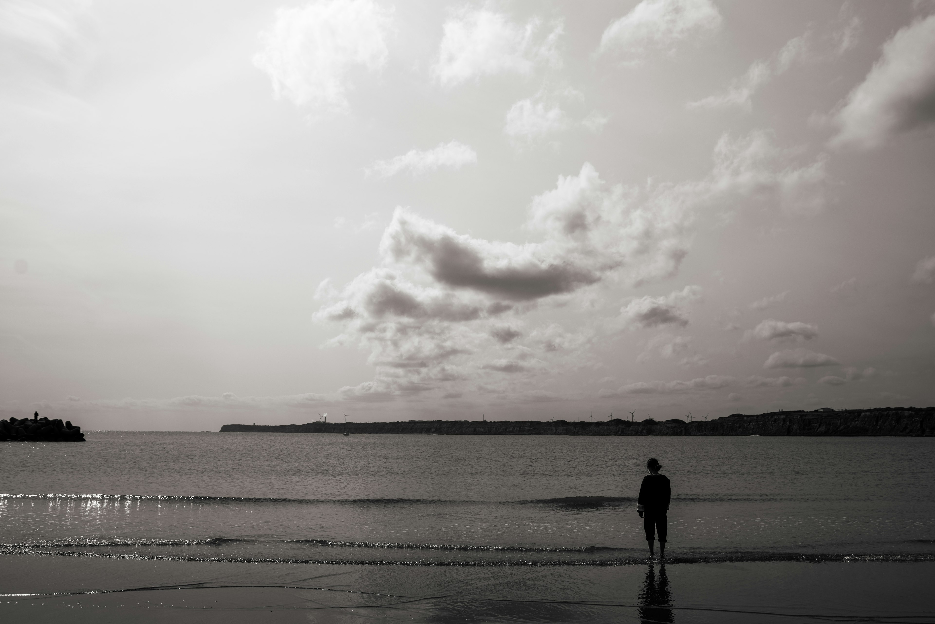 Black and white photo of a person standing on the shore with clouds in the sky