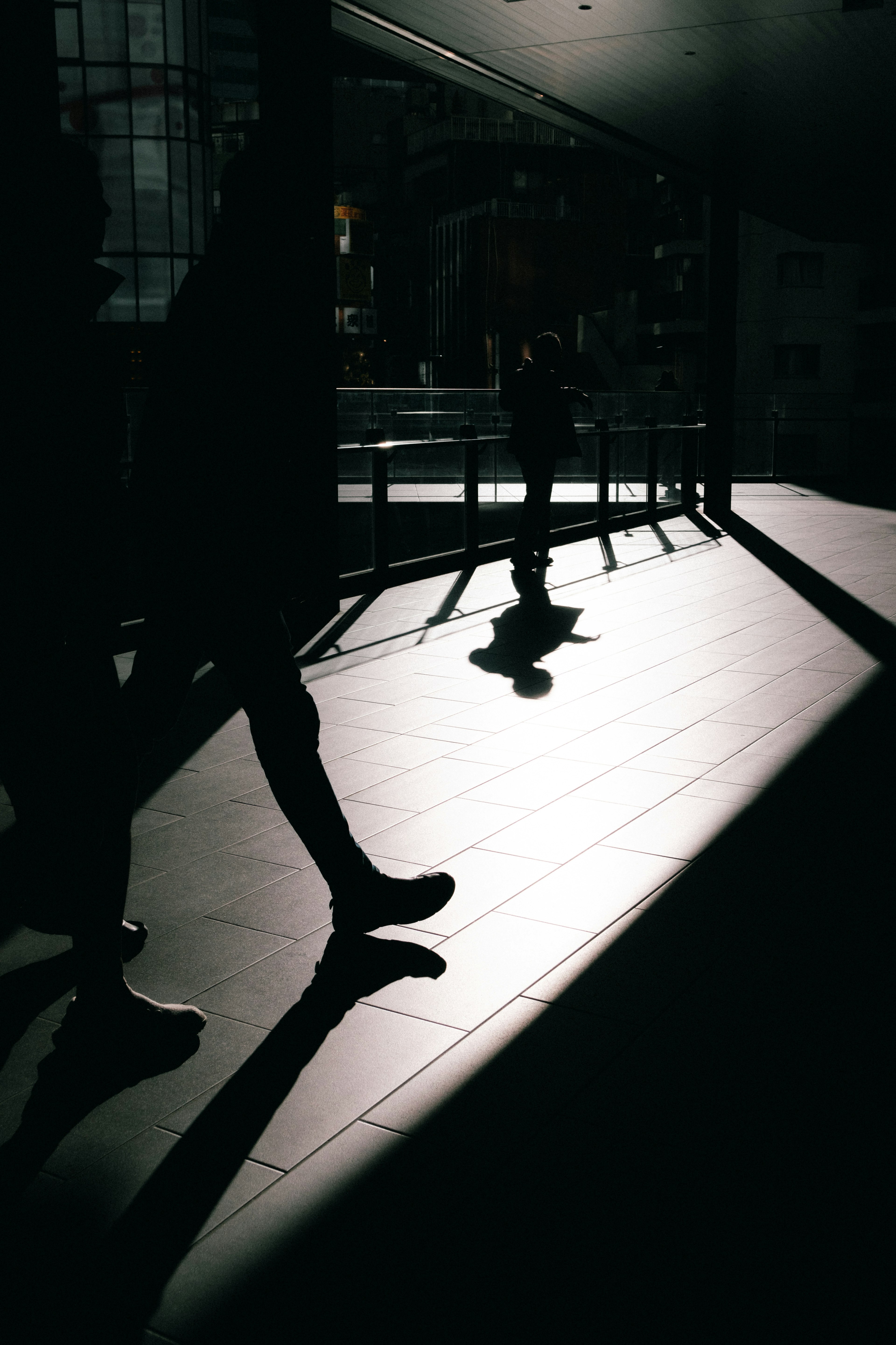 Silhouettes of people walking in shadows with a bright floor