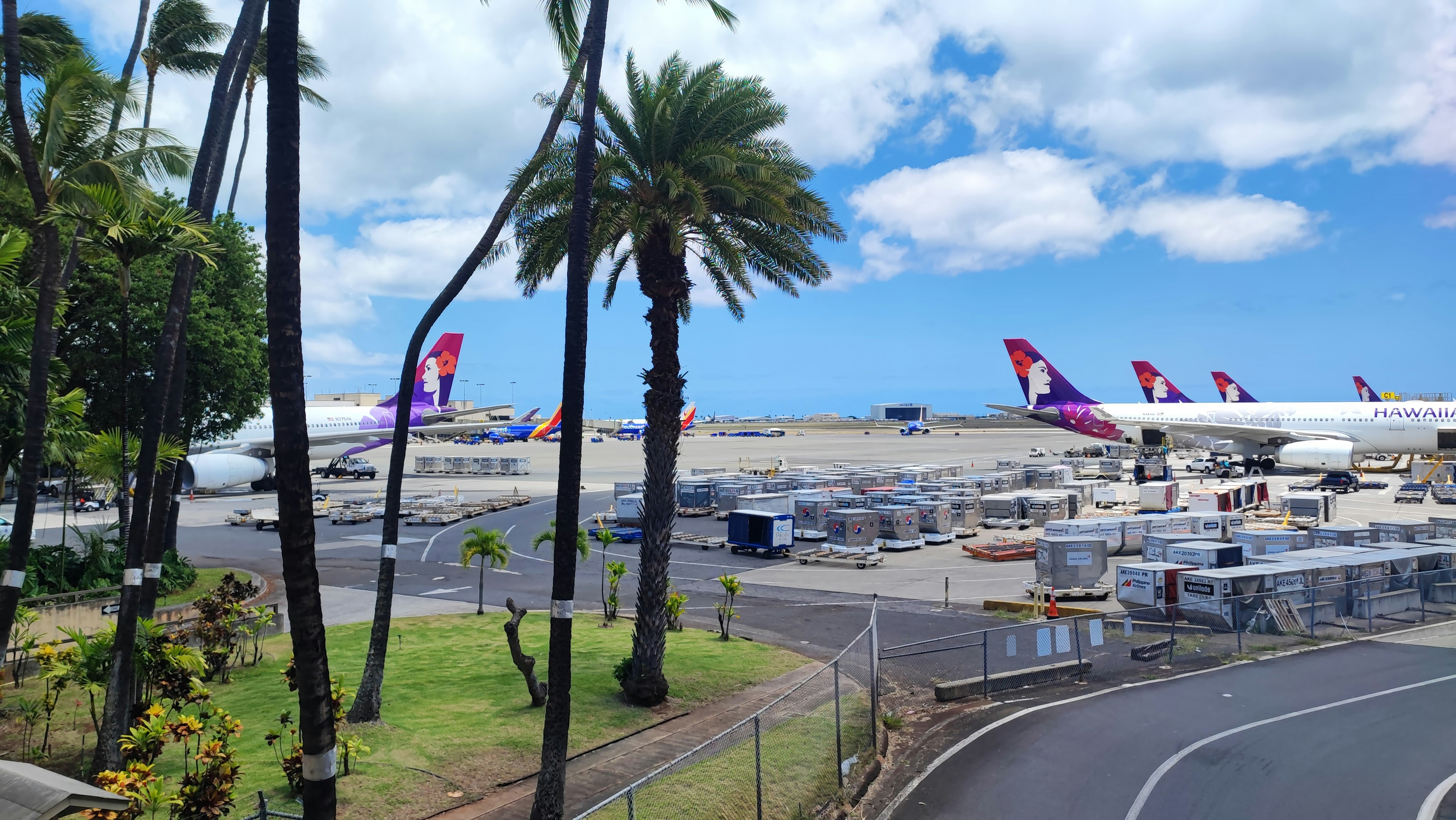 View of a Hawaiian airport with parked airplanes palm trees and blue sky