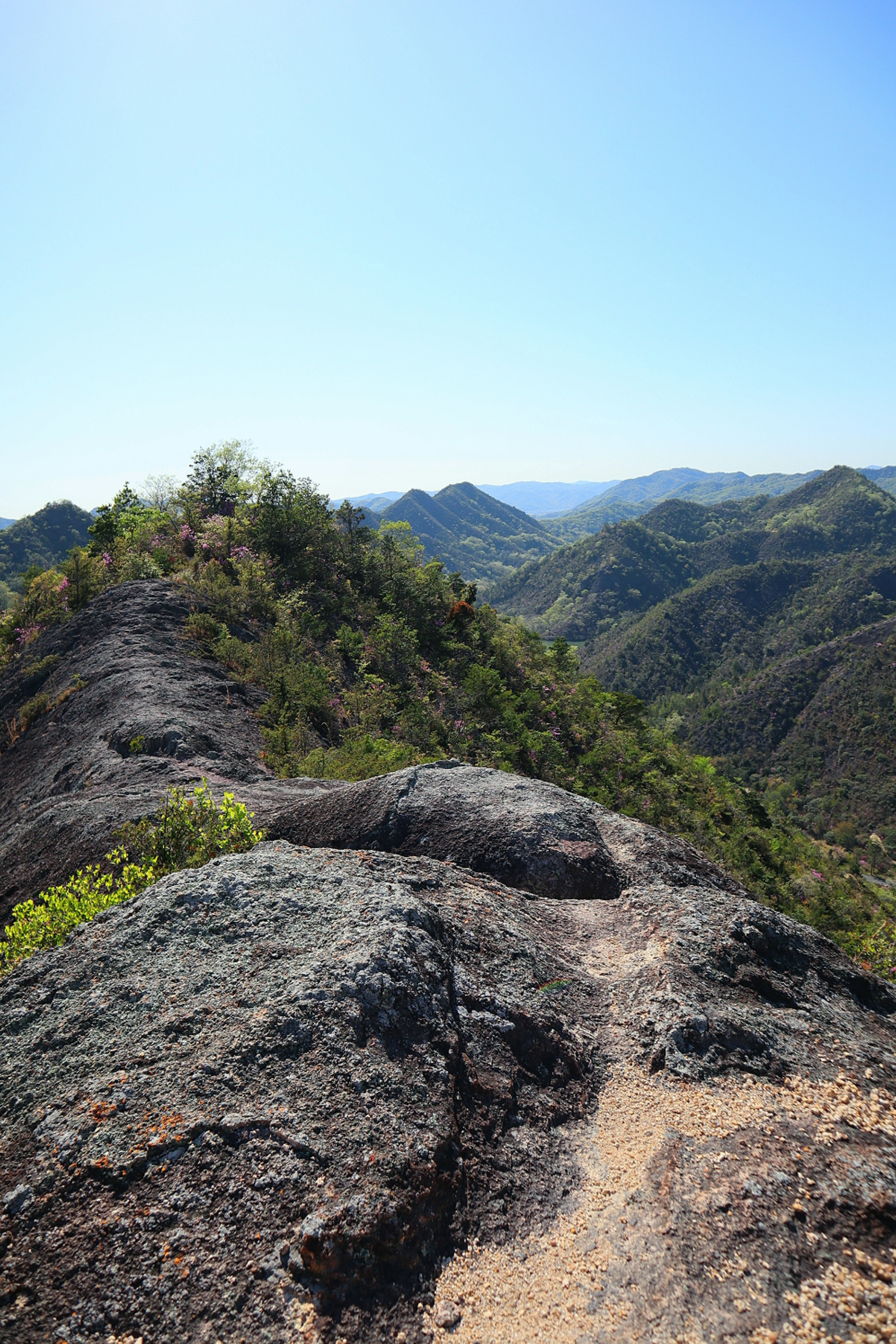 Pemandangan indah dari puncak gunung dengan latar depan berbatu dan tanaman hijau subur