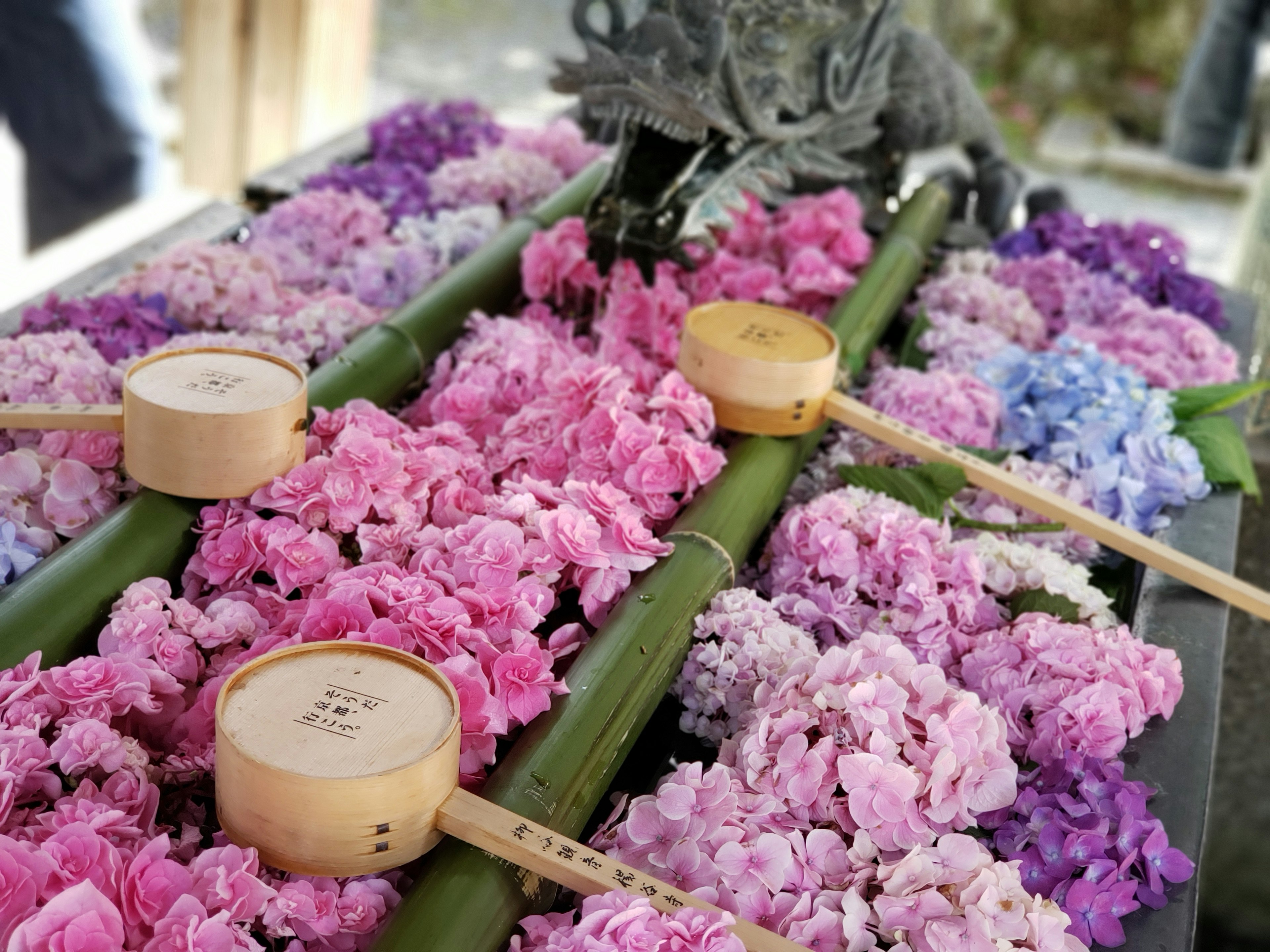 色とりどりの花が敷かれた竹の水場に、木製の柄杓が置かれている