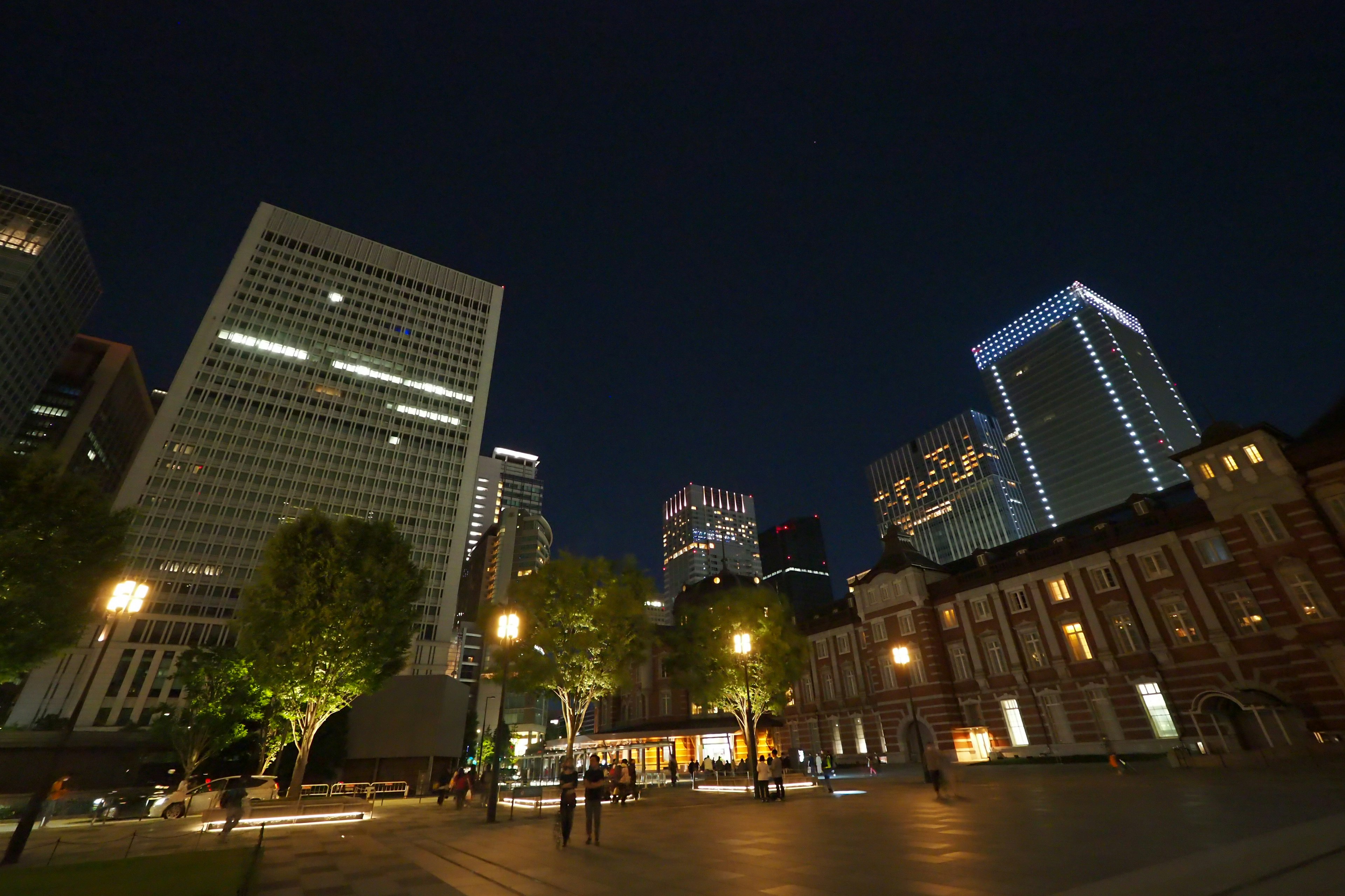 夜の東京の高層ビル群と歴史的な建物が見える風景