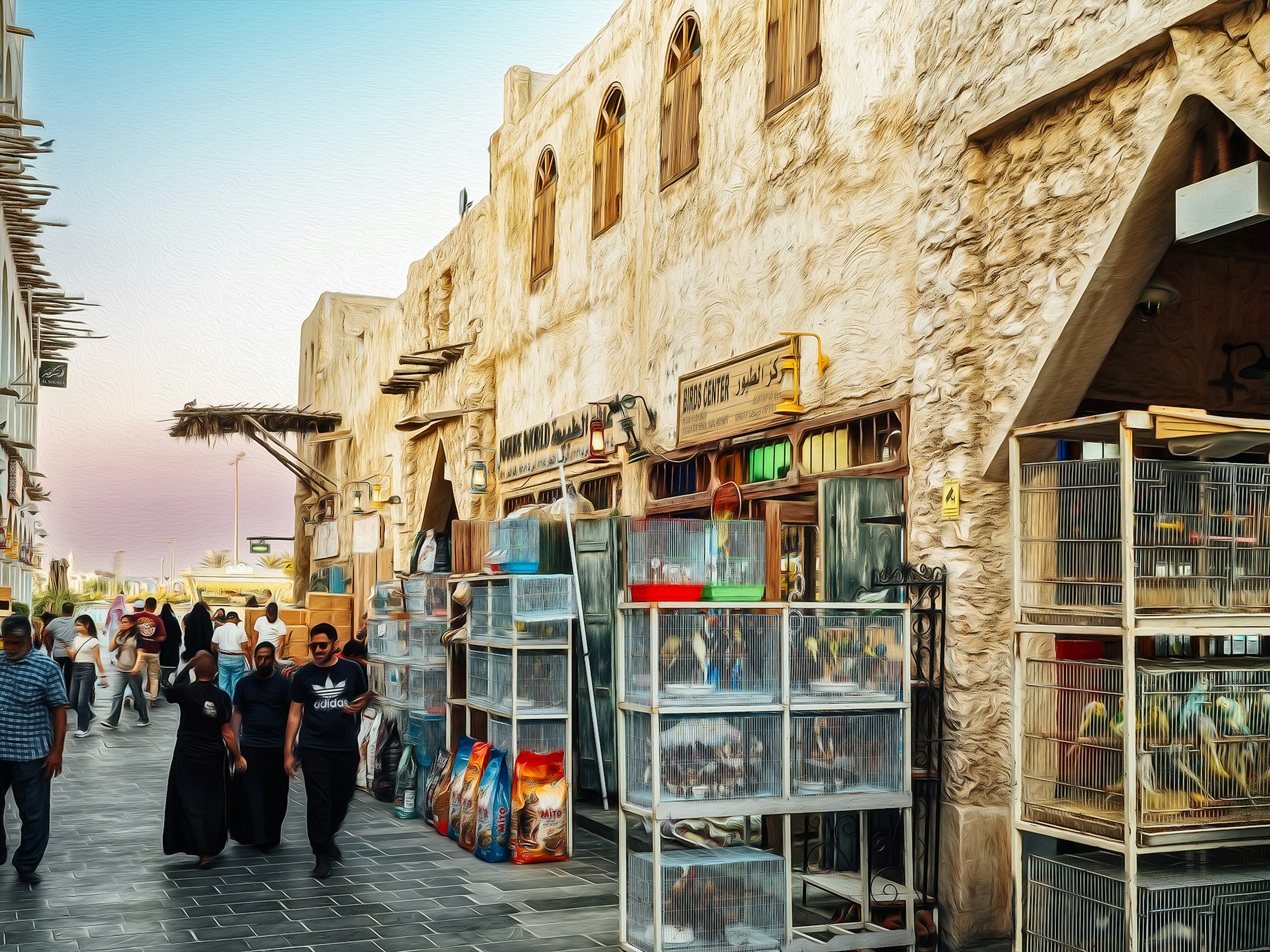 People walking along a street lined with old stone buildings