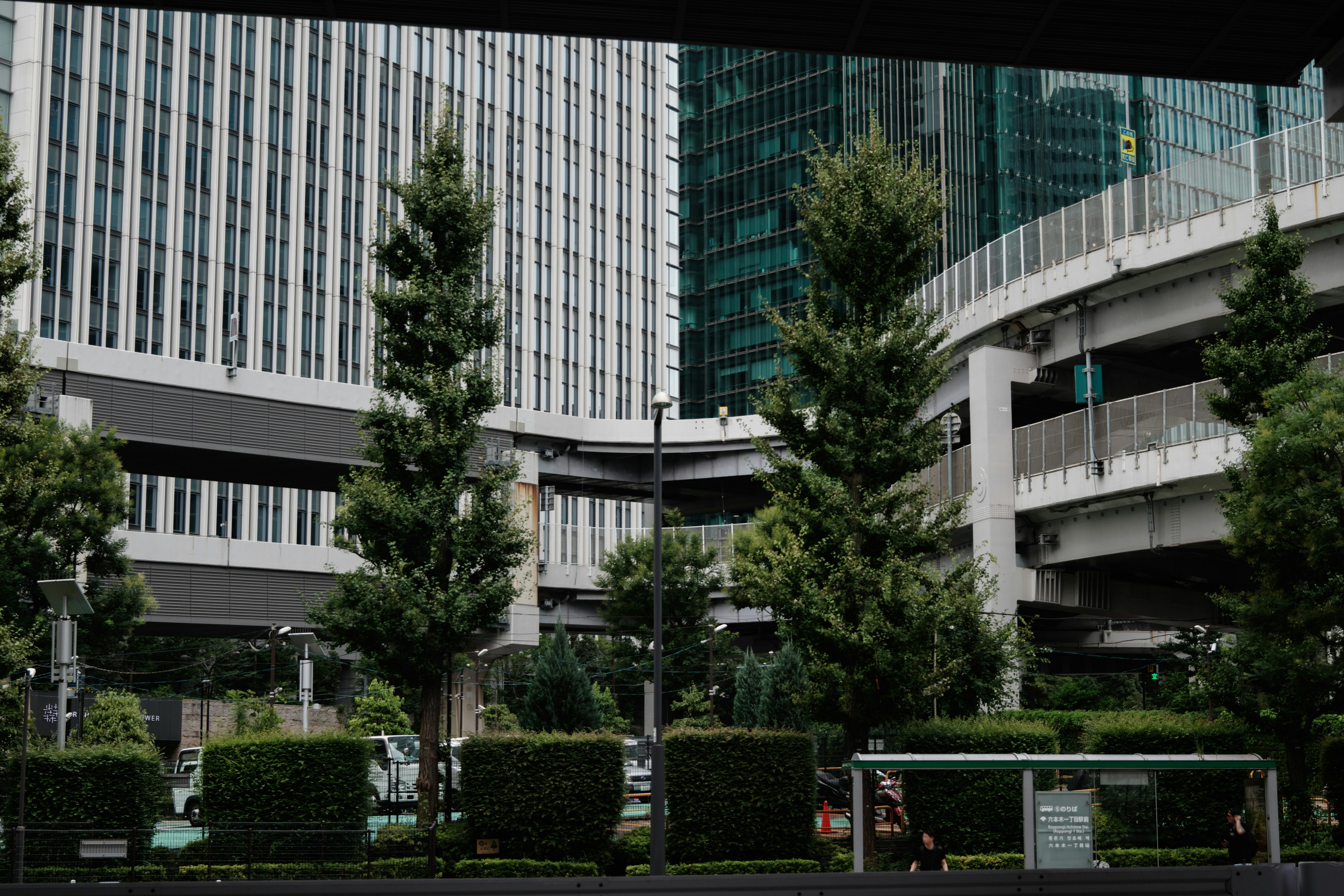 Pemandangan urban dengan gedung pencakar langit dan pohon hijau