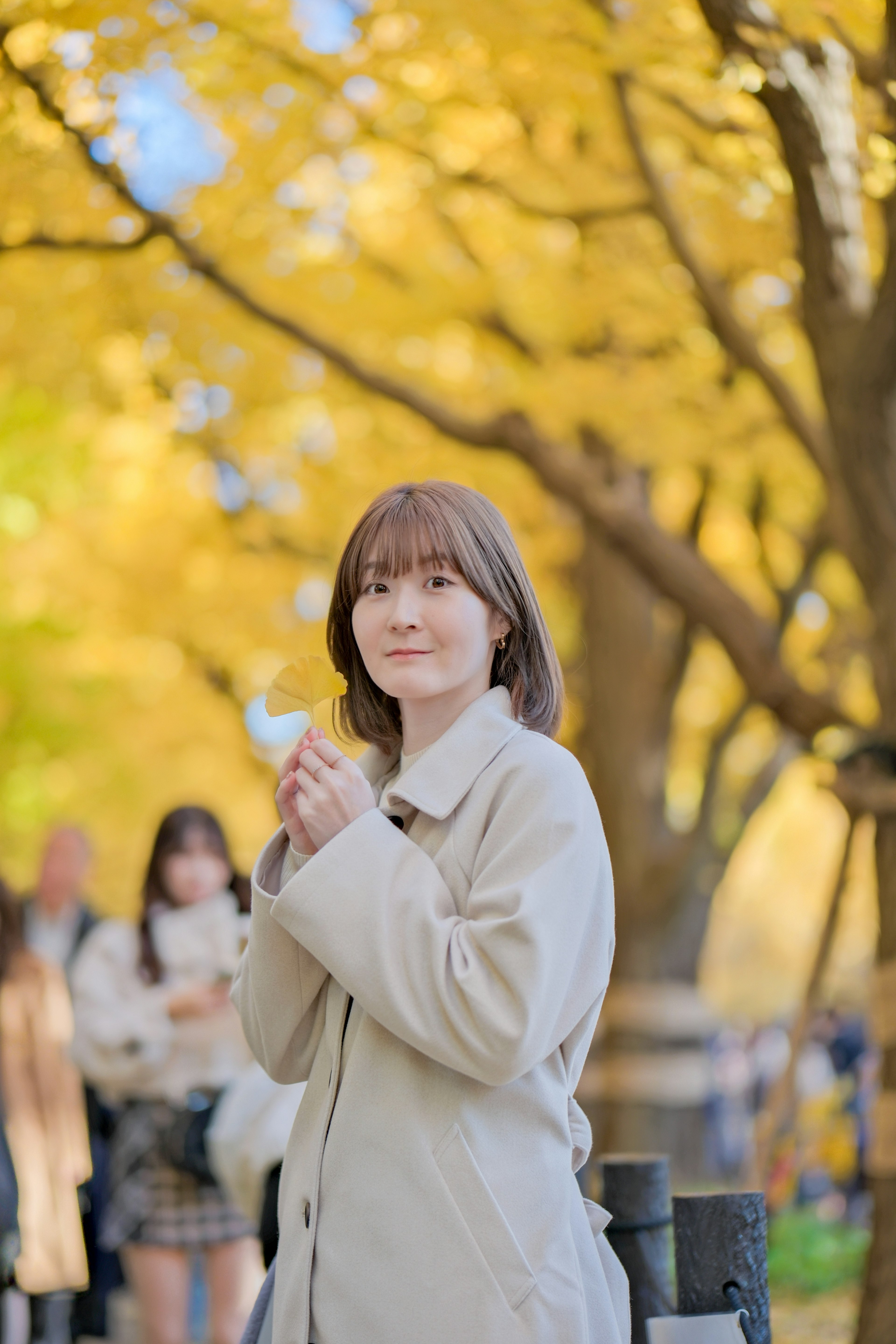 黄色い葉の木々の下で微笑む女性の写真