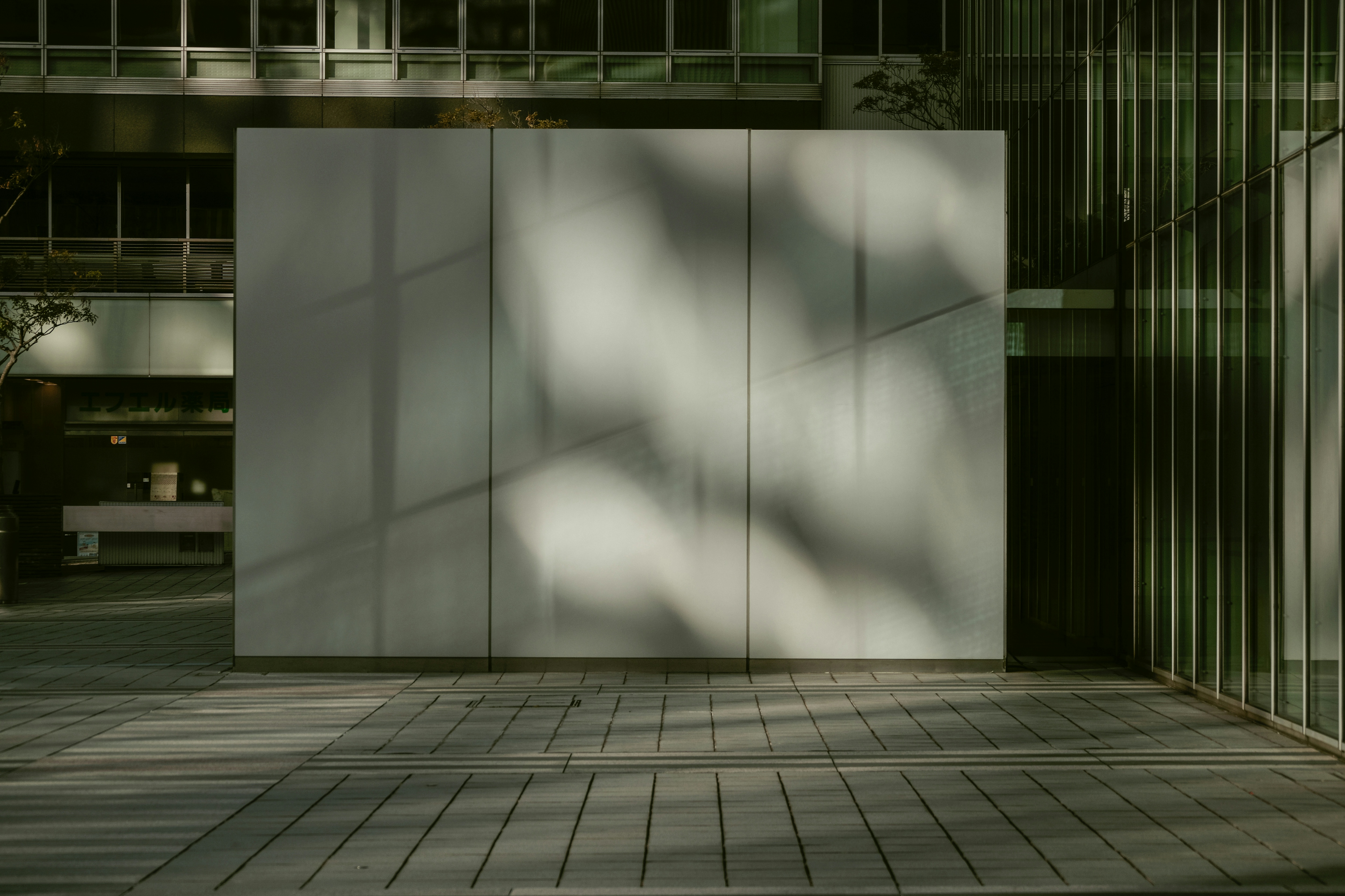 Extérieur d'un bâtiment moderne avec un mur blanc et des motifs d'ombre