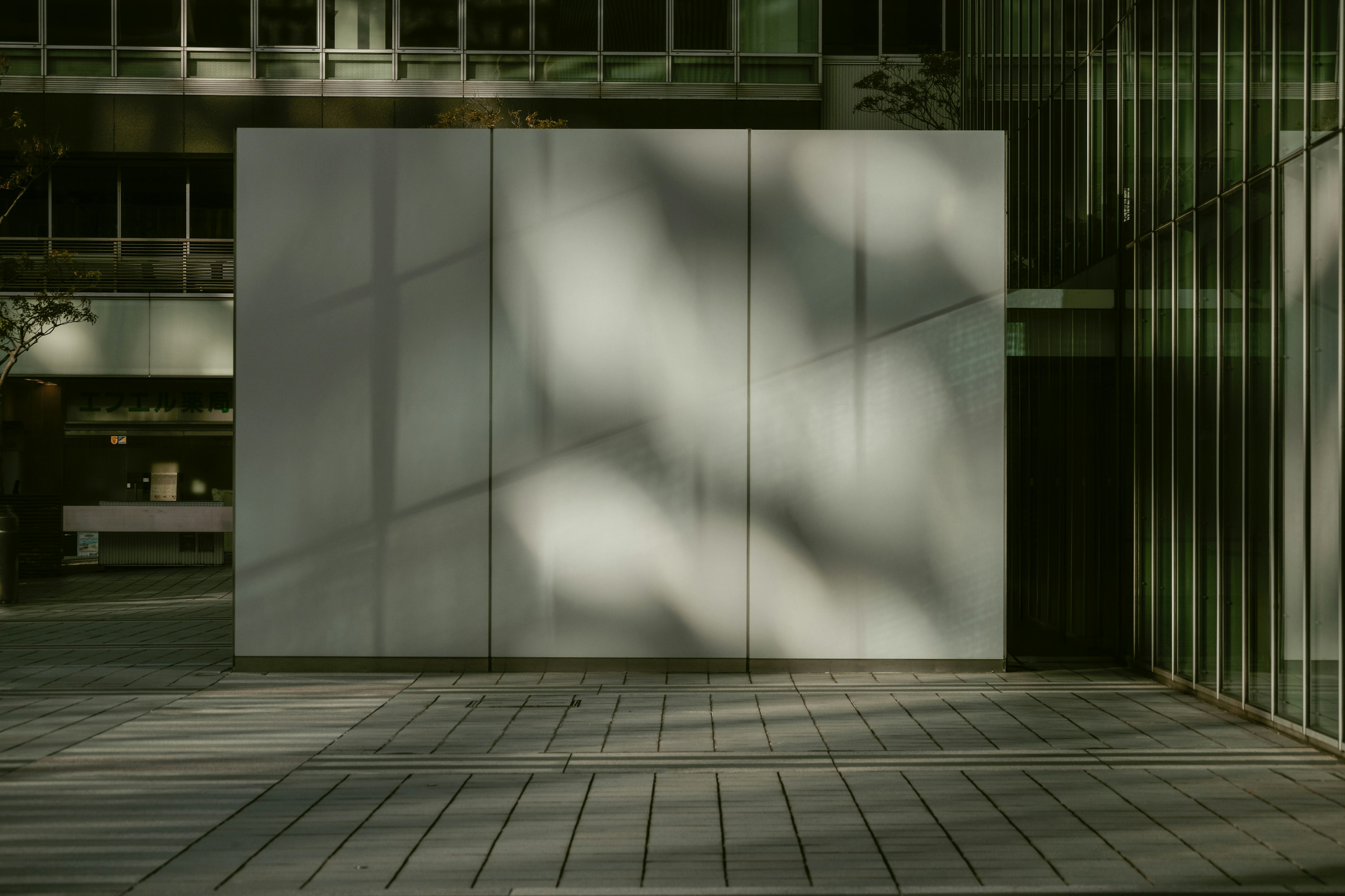 Exterior de un edificio moderno con una pared blanca y patrones de sombra