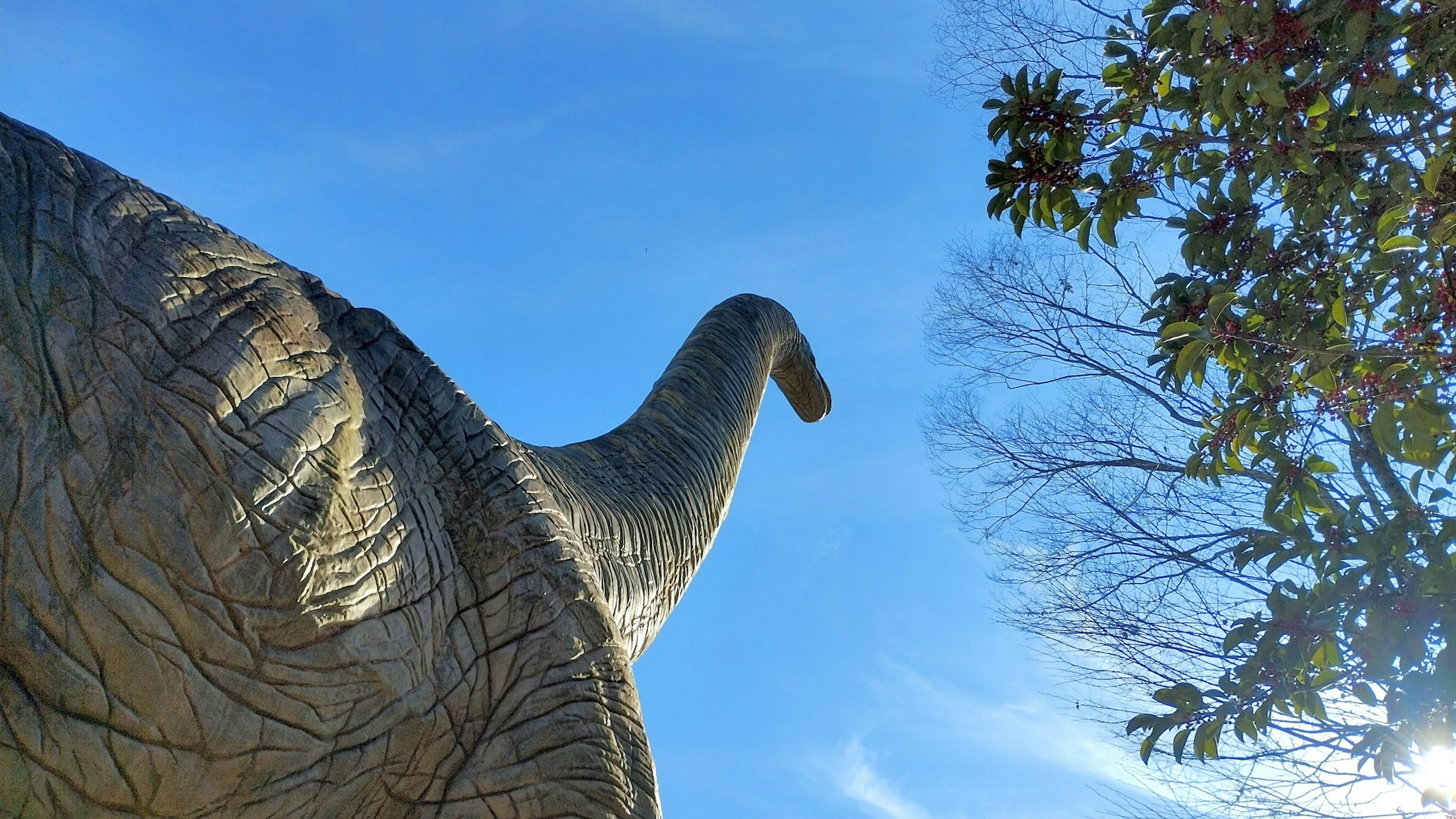 View of a dinosaur statue's neck against a clear blue sky