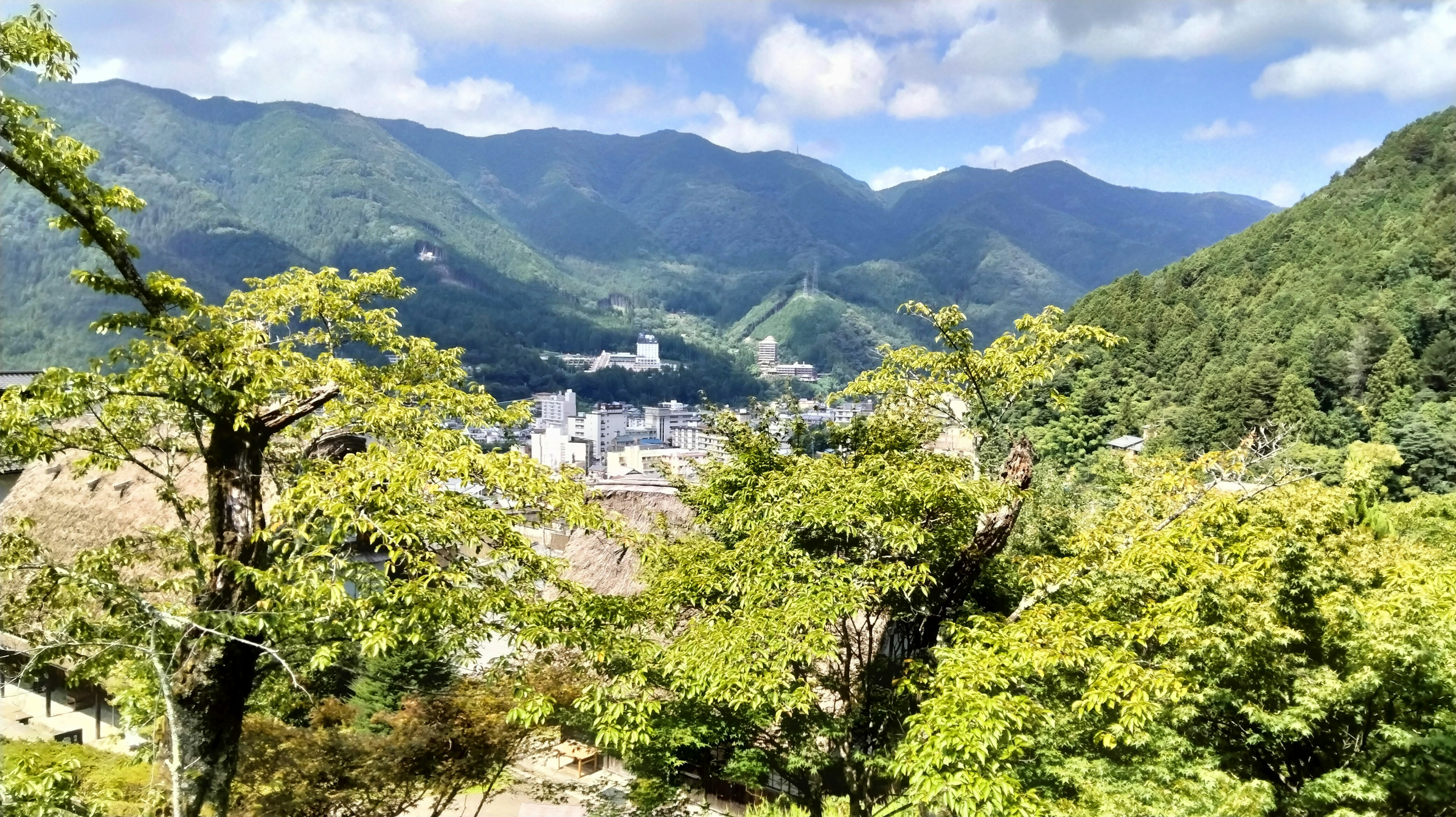 緑豊かな山々と青空が広がる風景、遠くに小さな町が見える