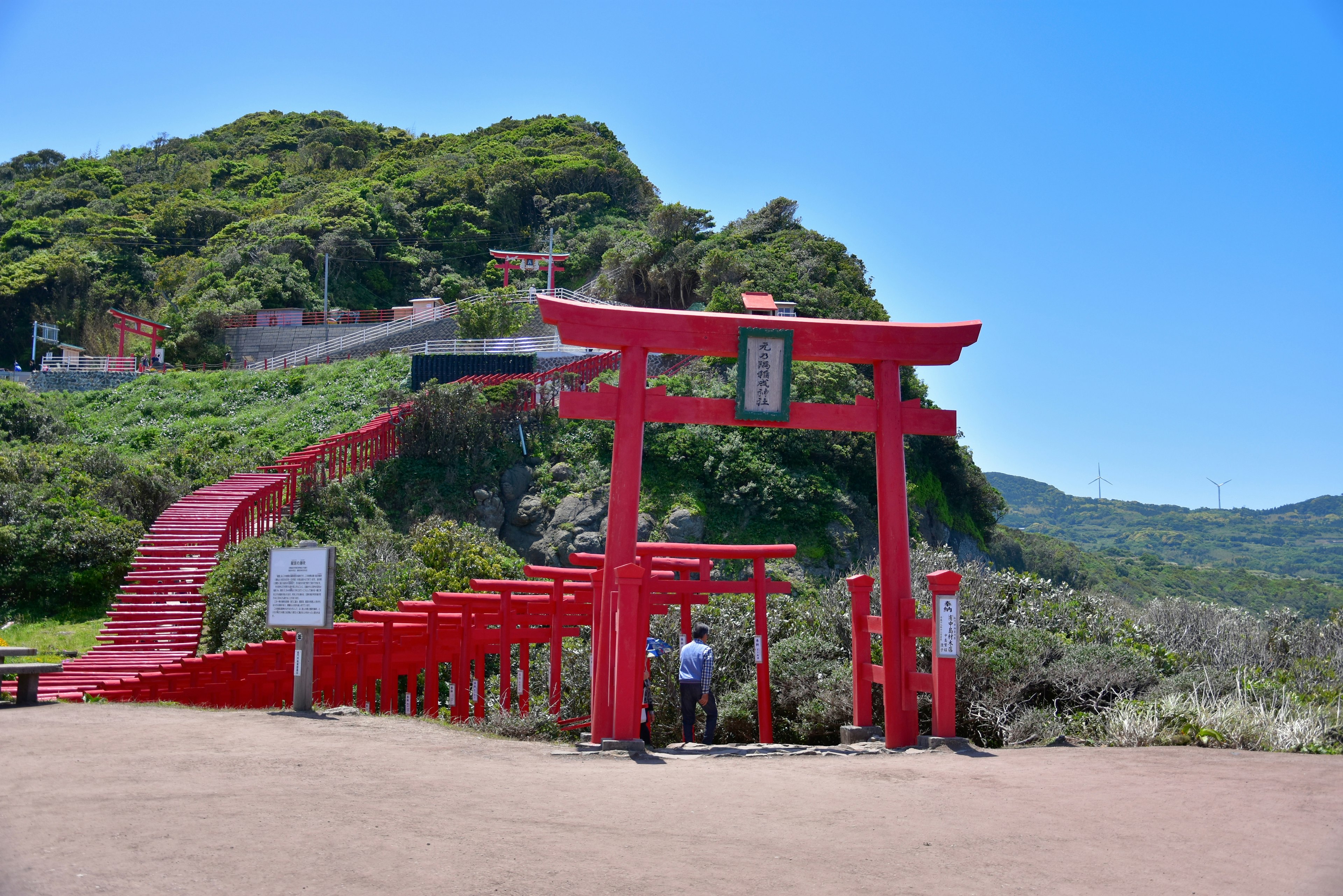 Scenic view of red torii gates and steps leading up a hill