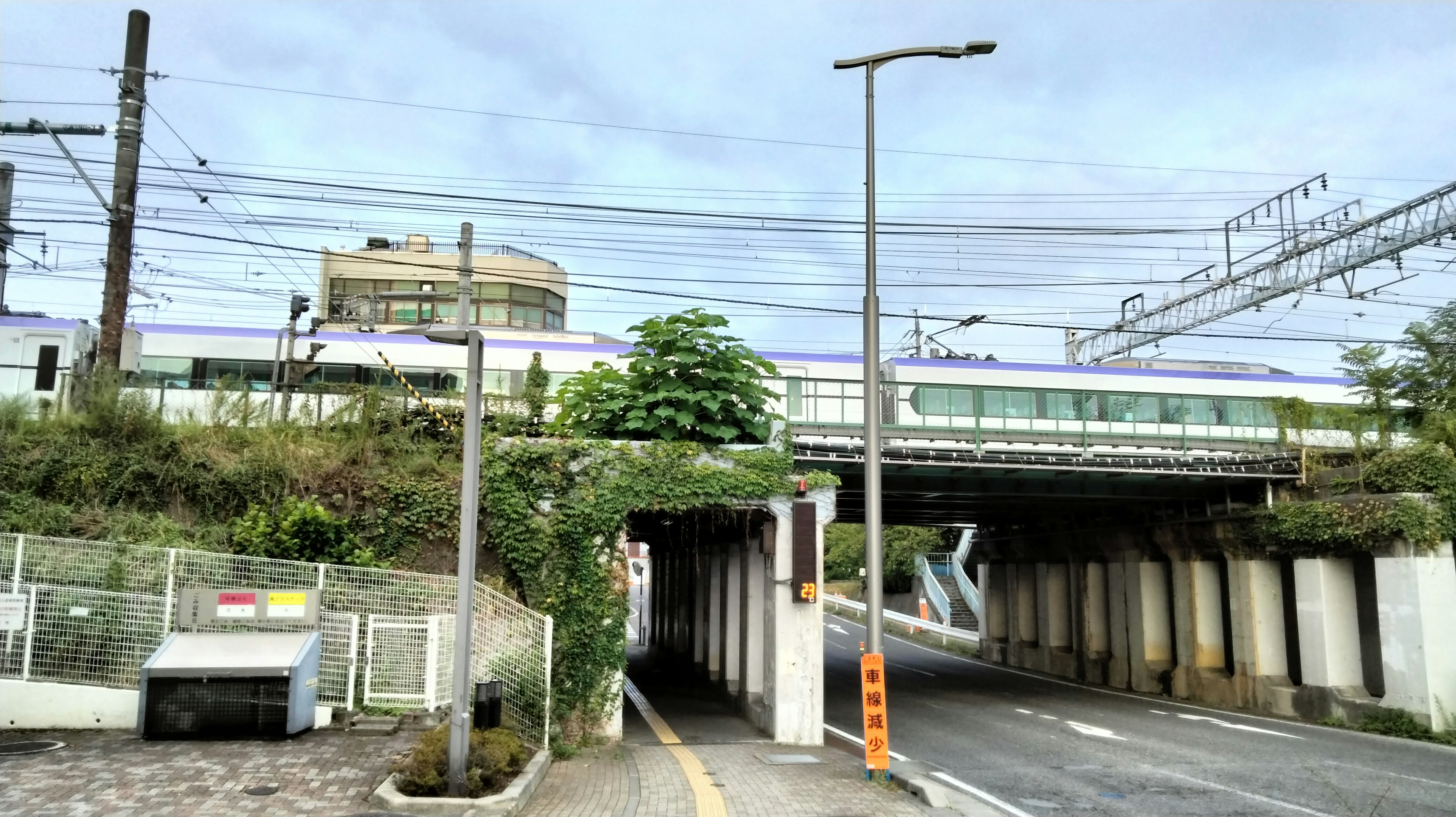 Train running on an elevated track with surrounding greenery