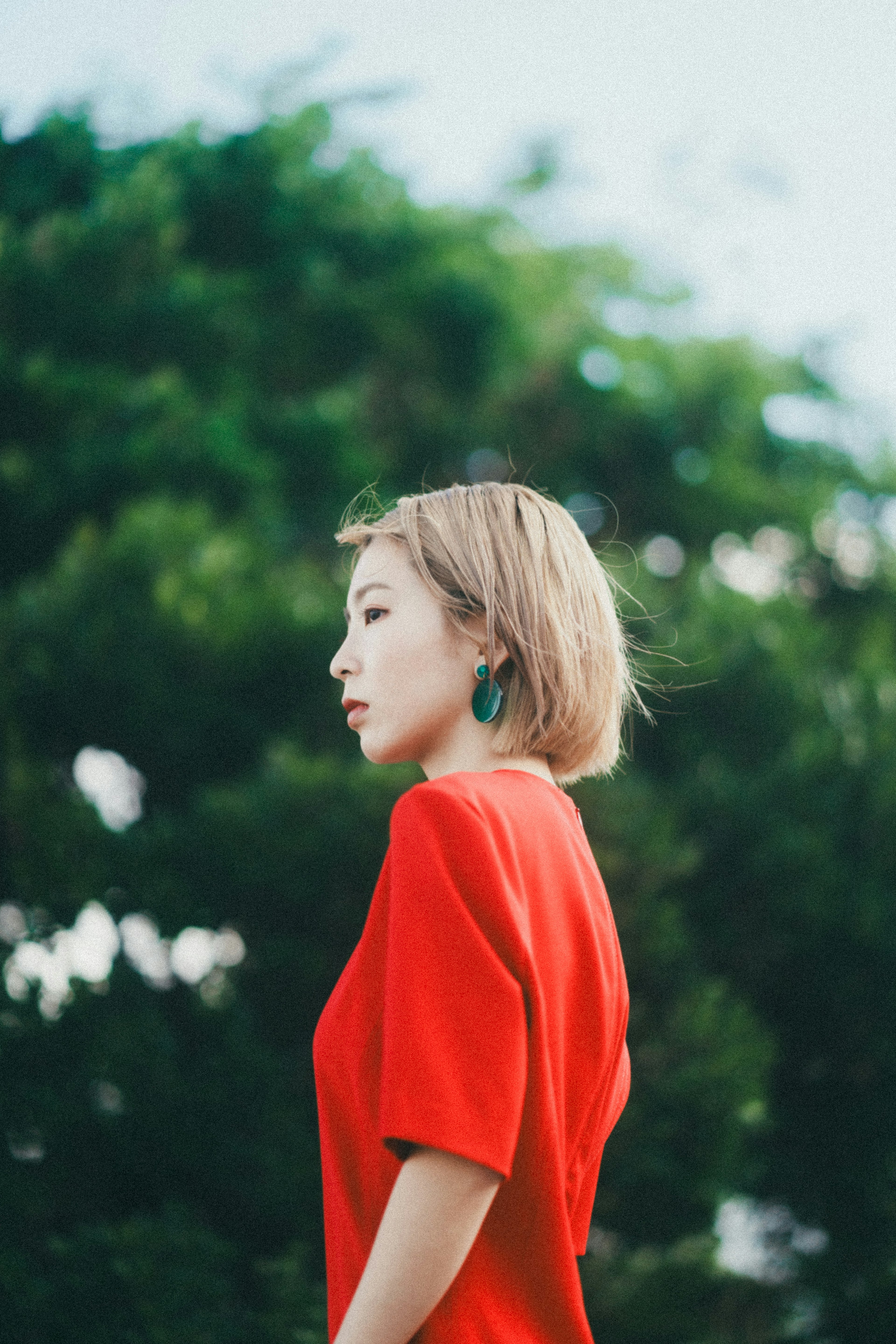 Profile of a woman wearing a red outfit against a green background