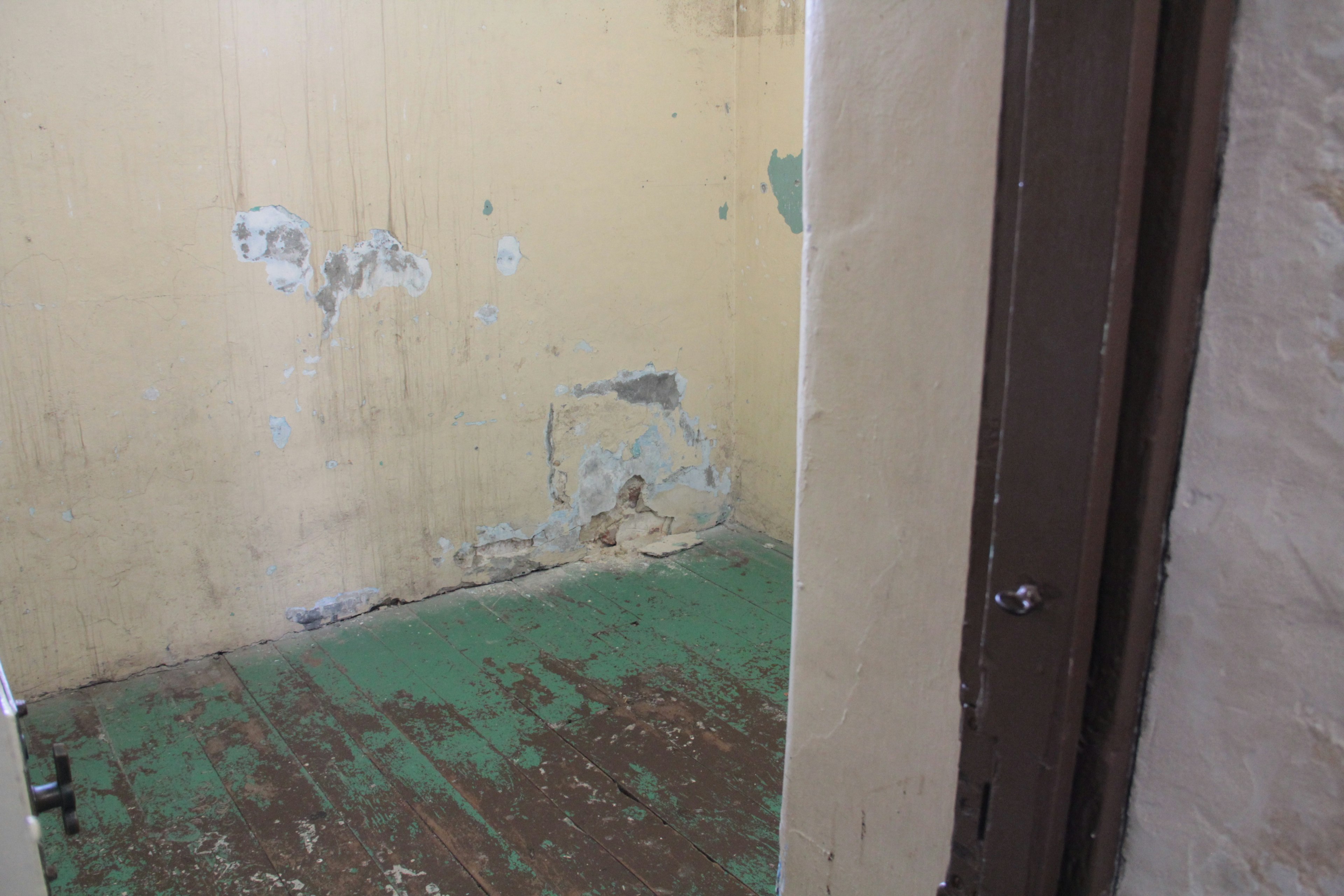 Interior of a small room with peeling walls and a green-painted floor