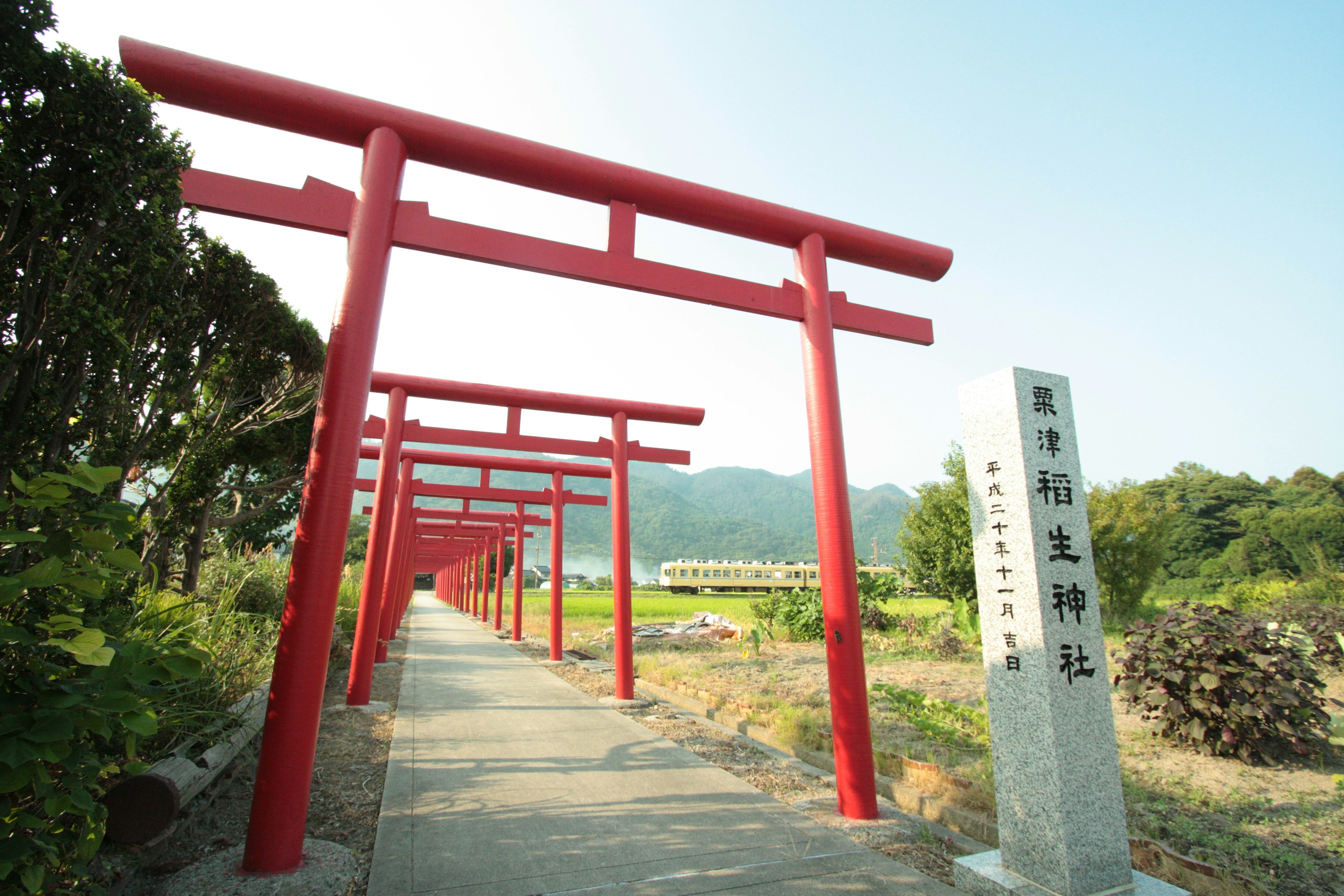 Jalan yang dikelilingi gerbang torii merah menuju kuil