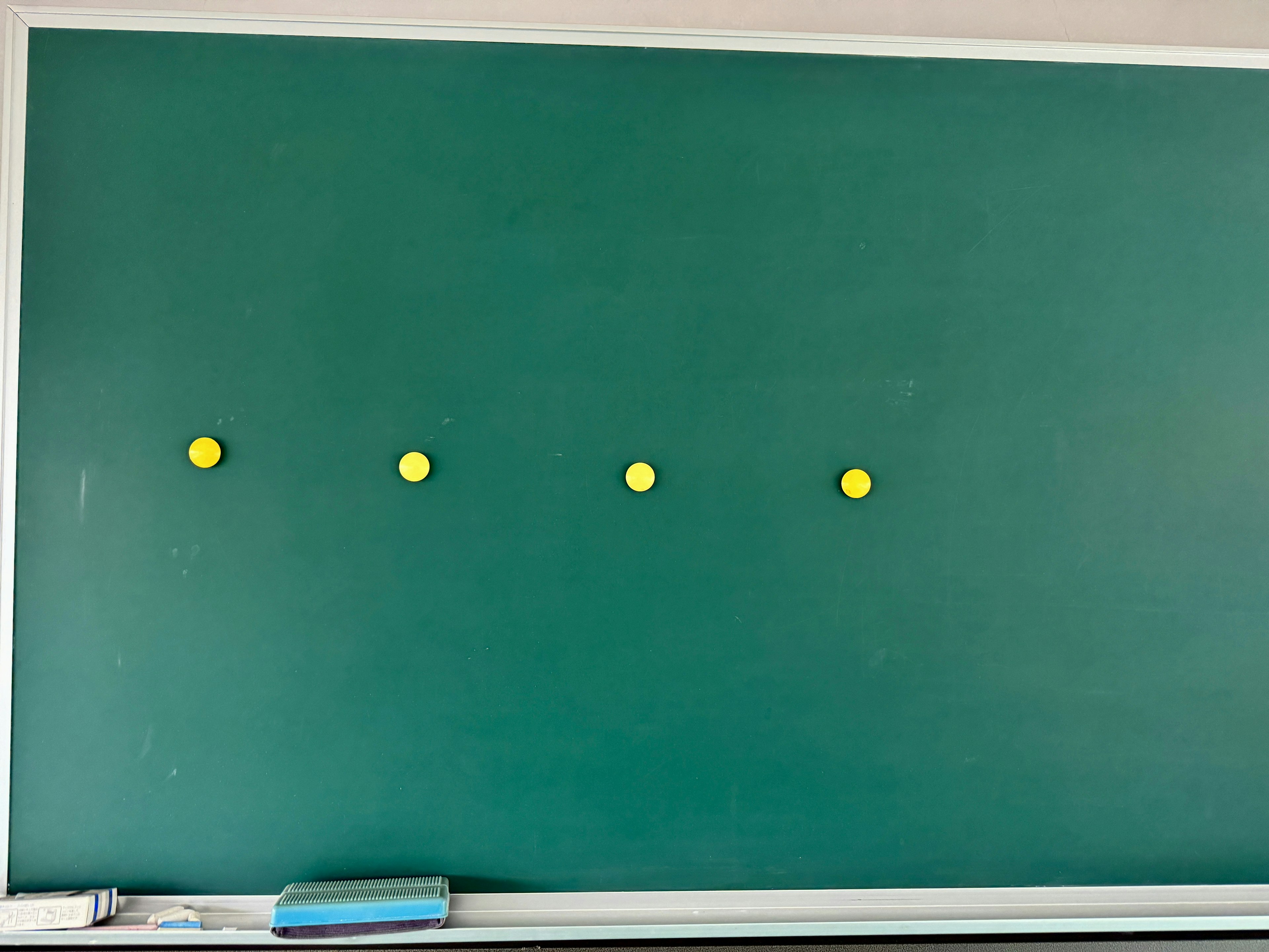 Green chalkboard with four yellow markers arranged in a row