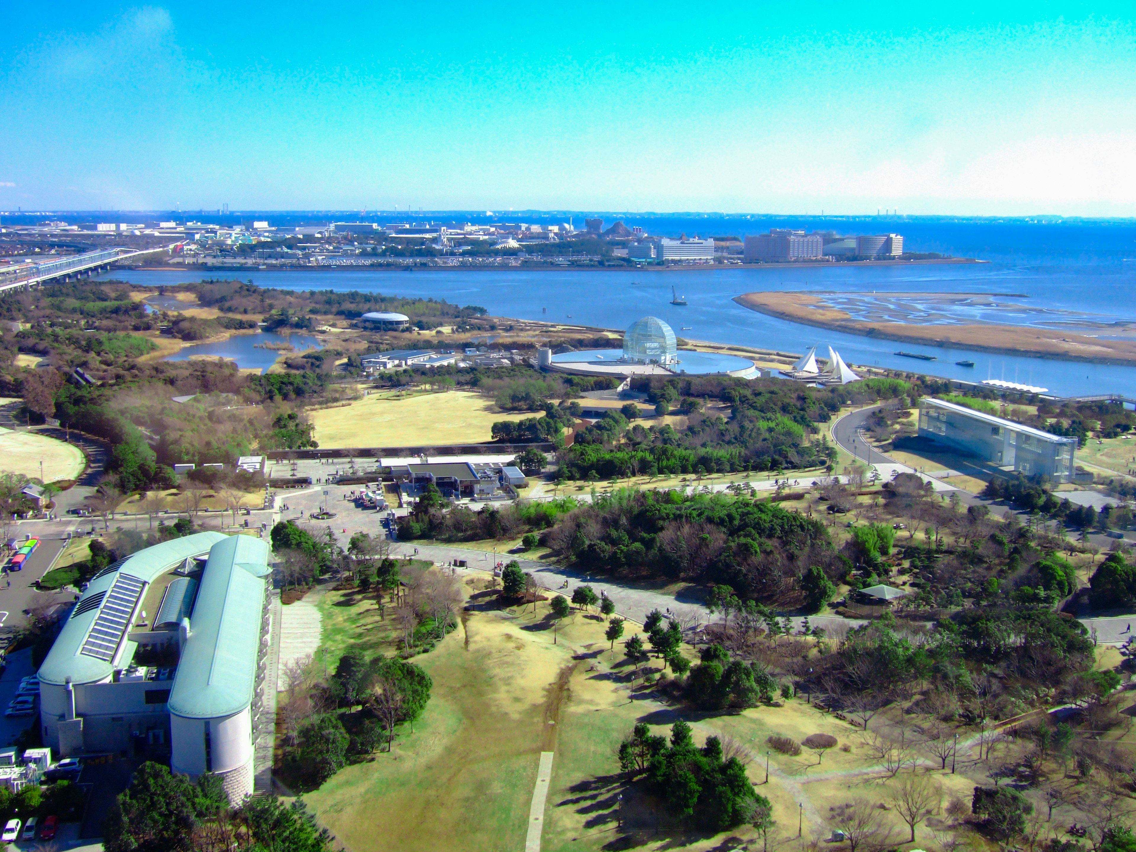 Vista aérea de un parque costero pintoresco con agua y ciudad al fondo