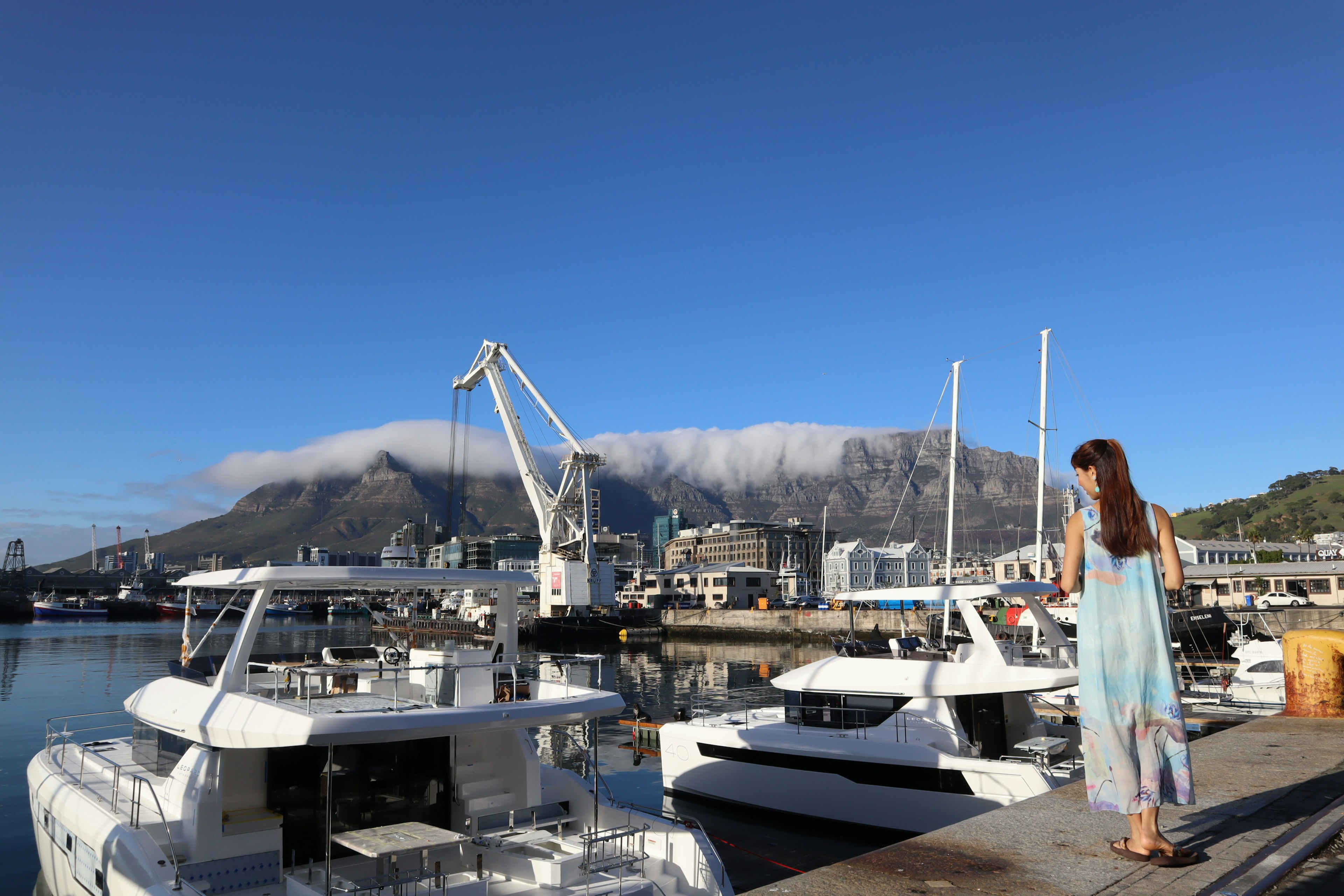 Eine Frau steht neben weißen Booten in einem Hafen mit dem Tafelberg im Hintergrund