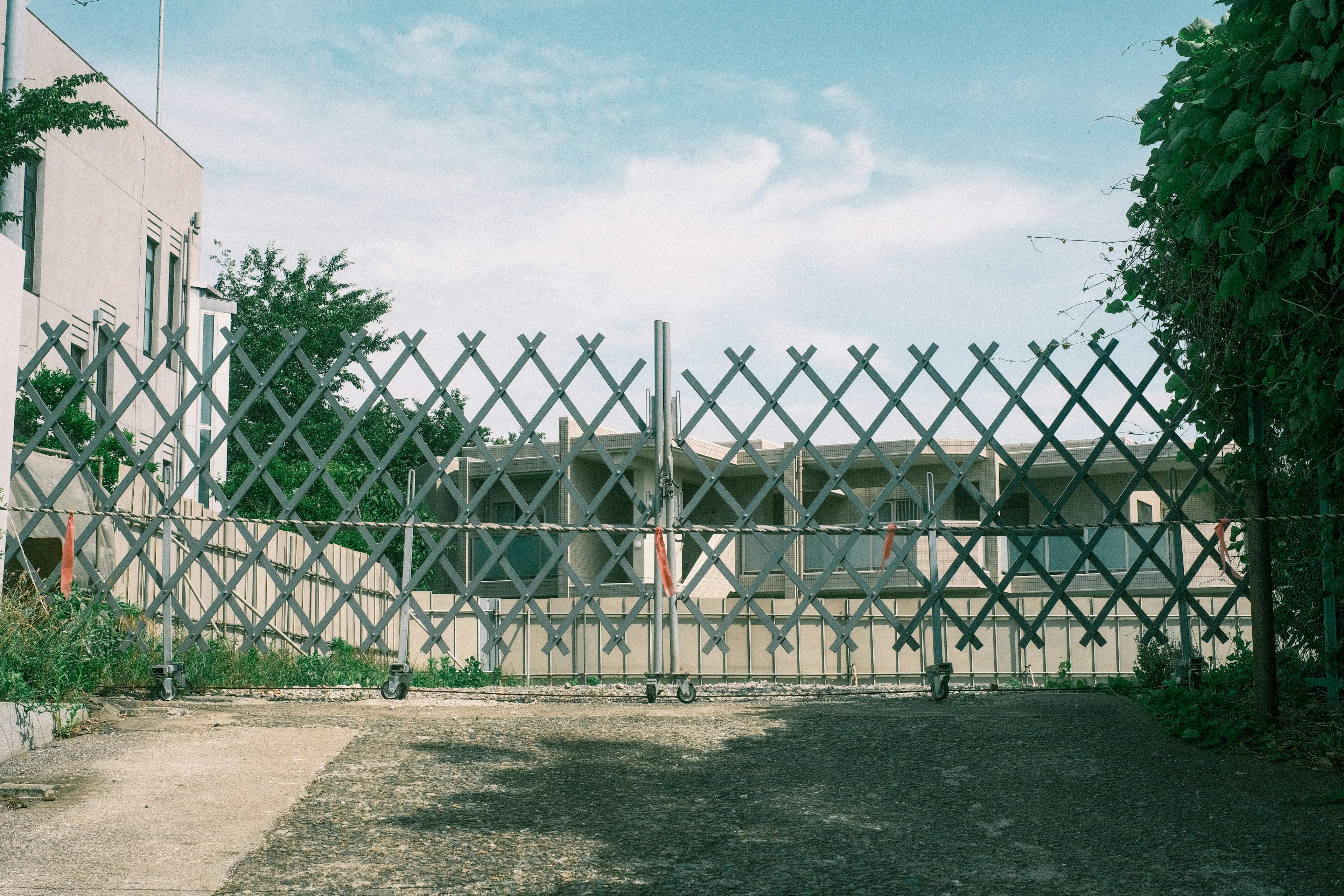 A lattice-style metal gate under a blue sky with surrounding greenery