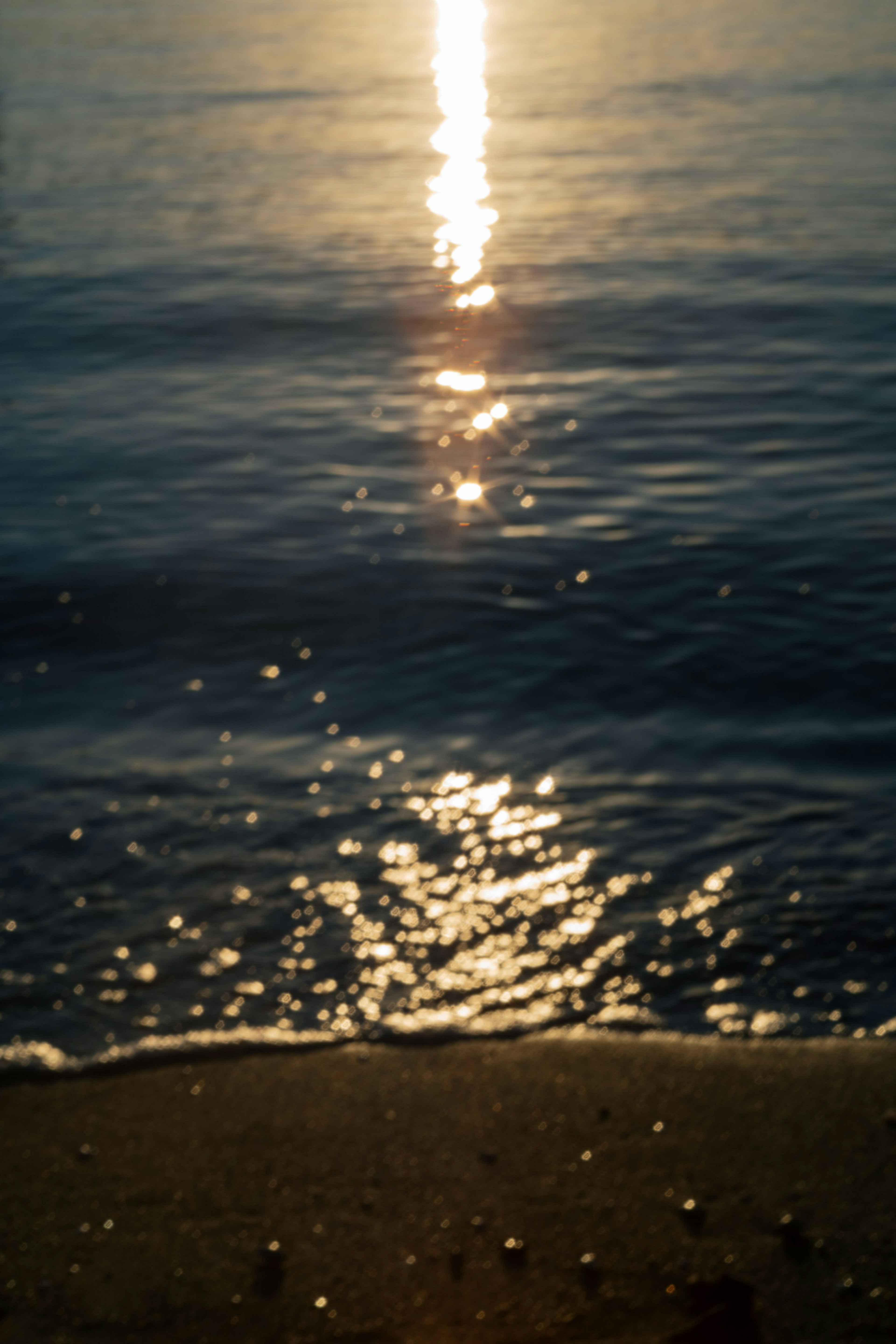 海の表面に反射する太陽の光と砂浜の一部