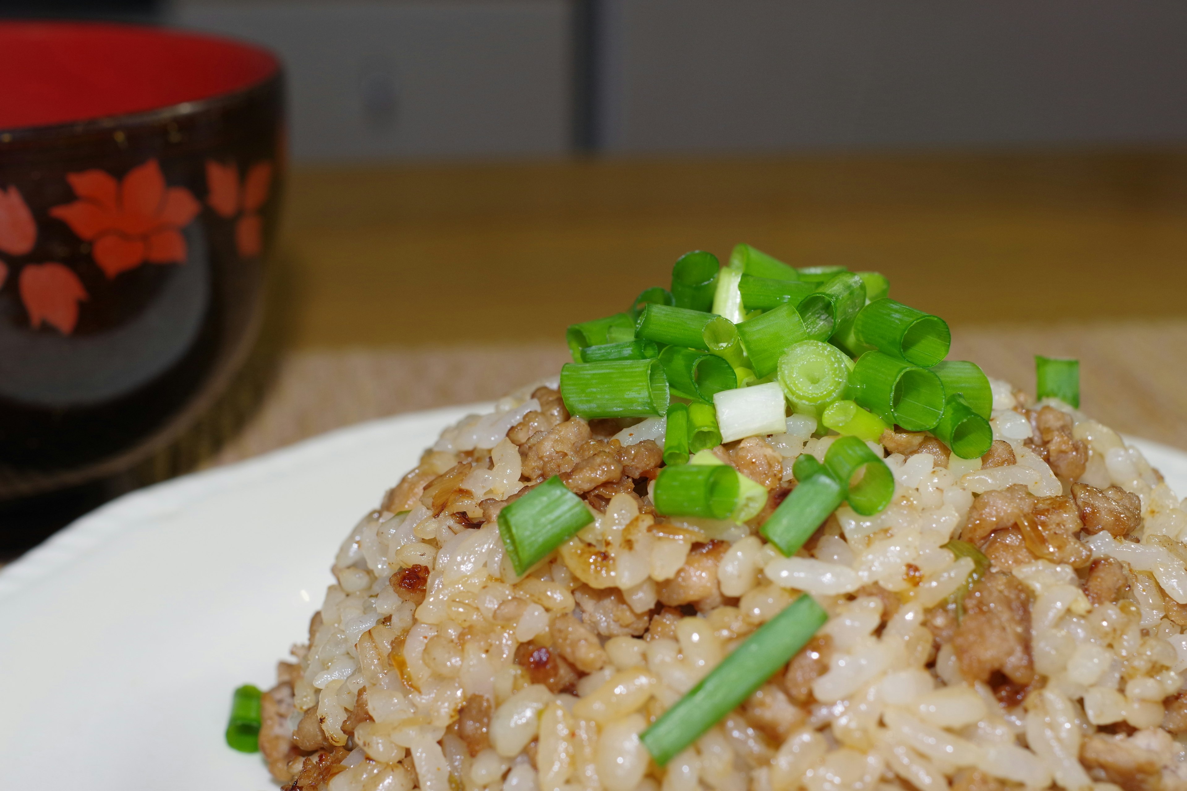 Un plat de riz garni d'oignons verts hachés