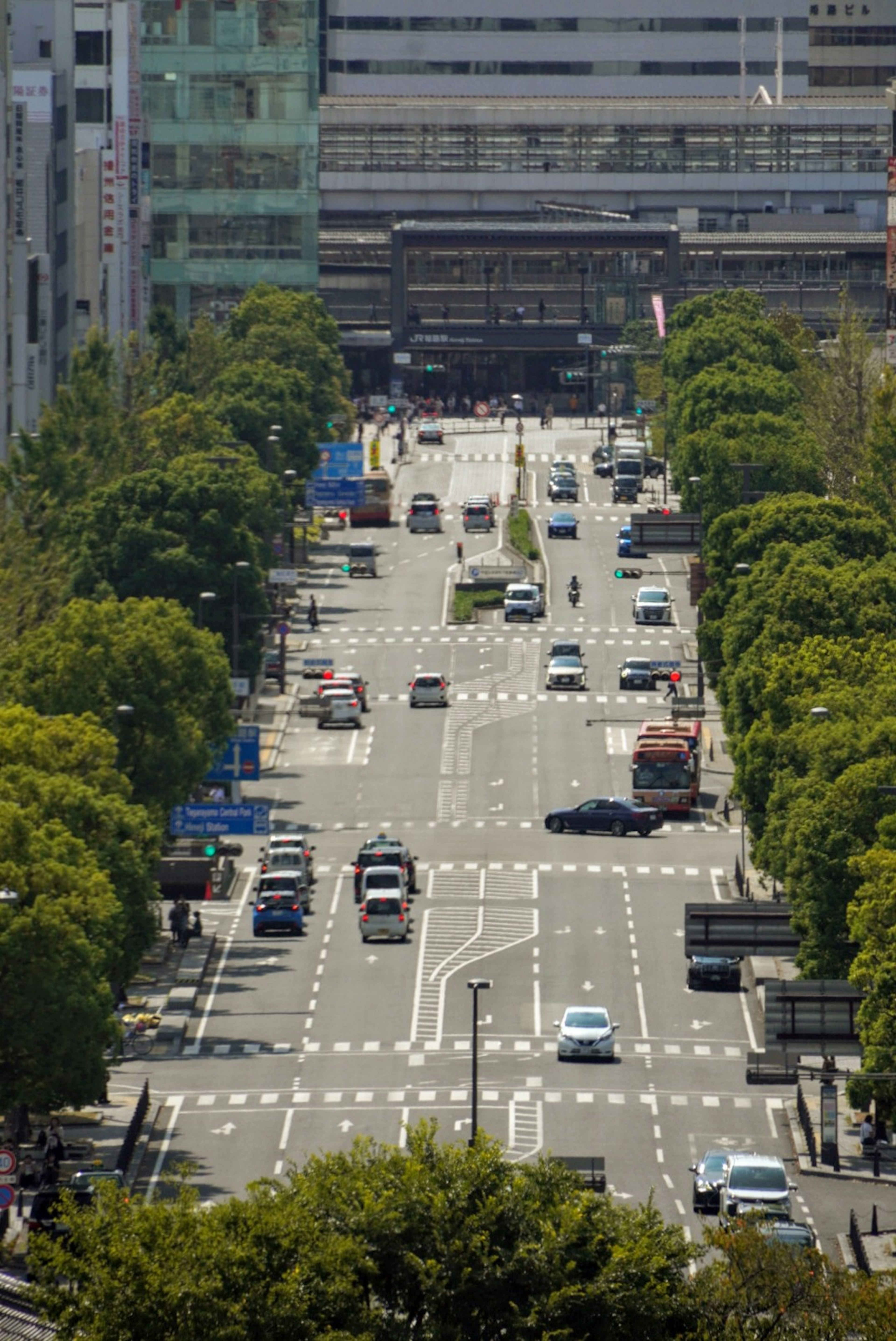 Aerial view of a street lined with green trees and vehicles