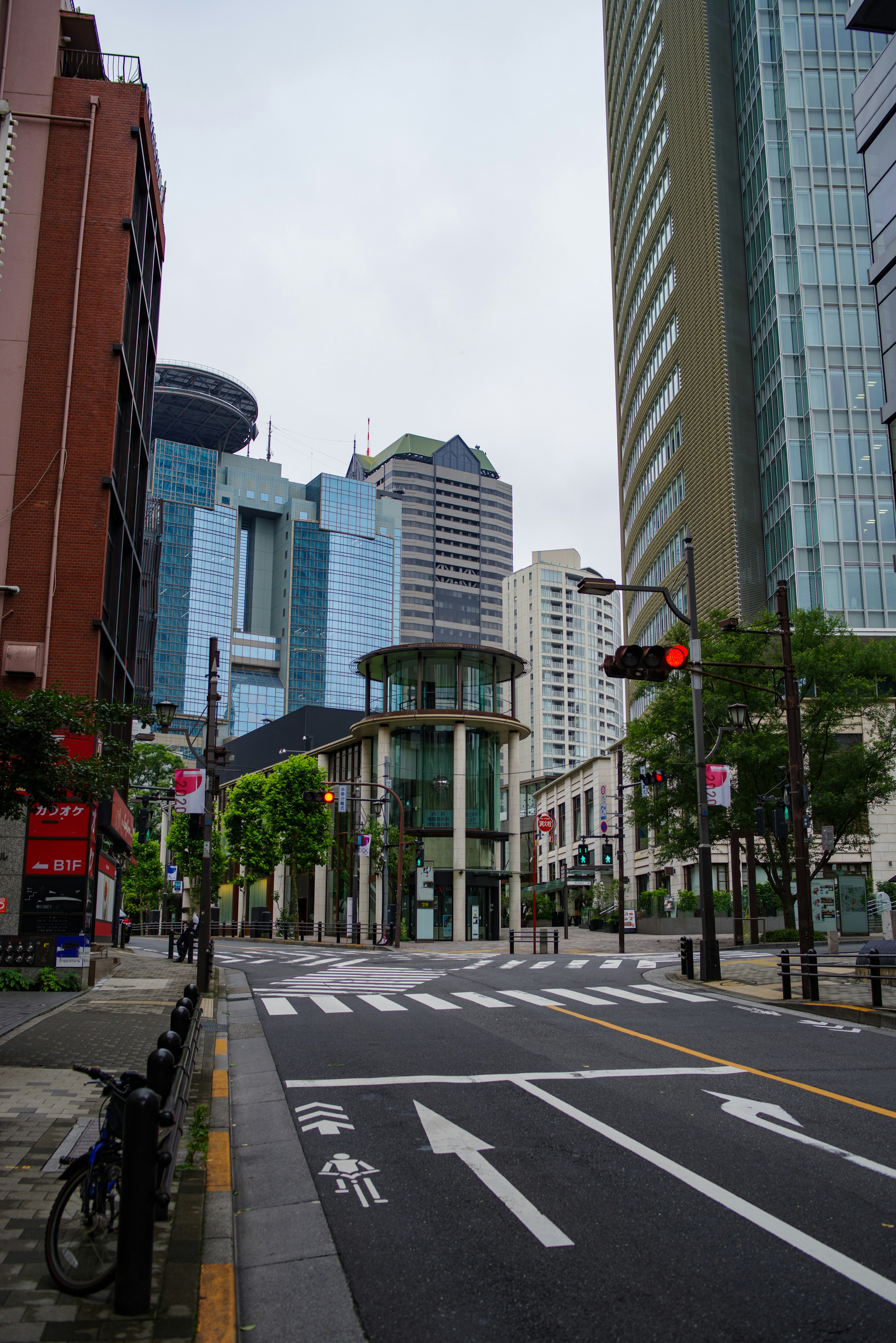 Urban street scene with skyscrapers and bicycle lanes